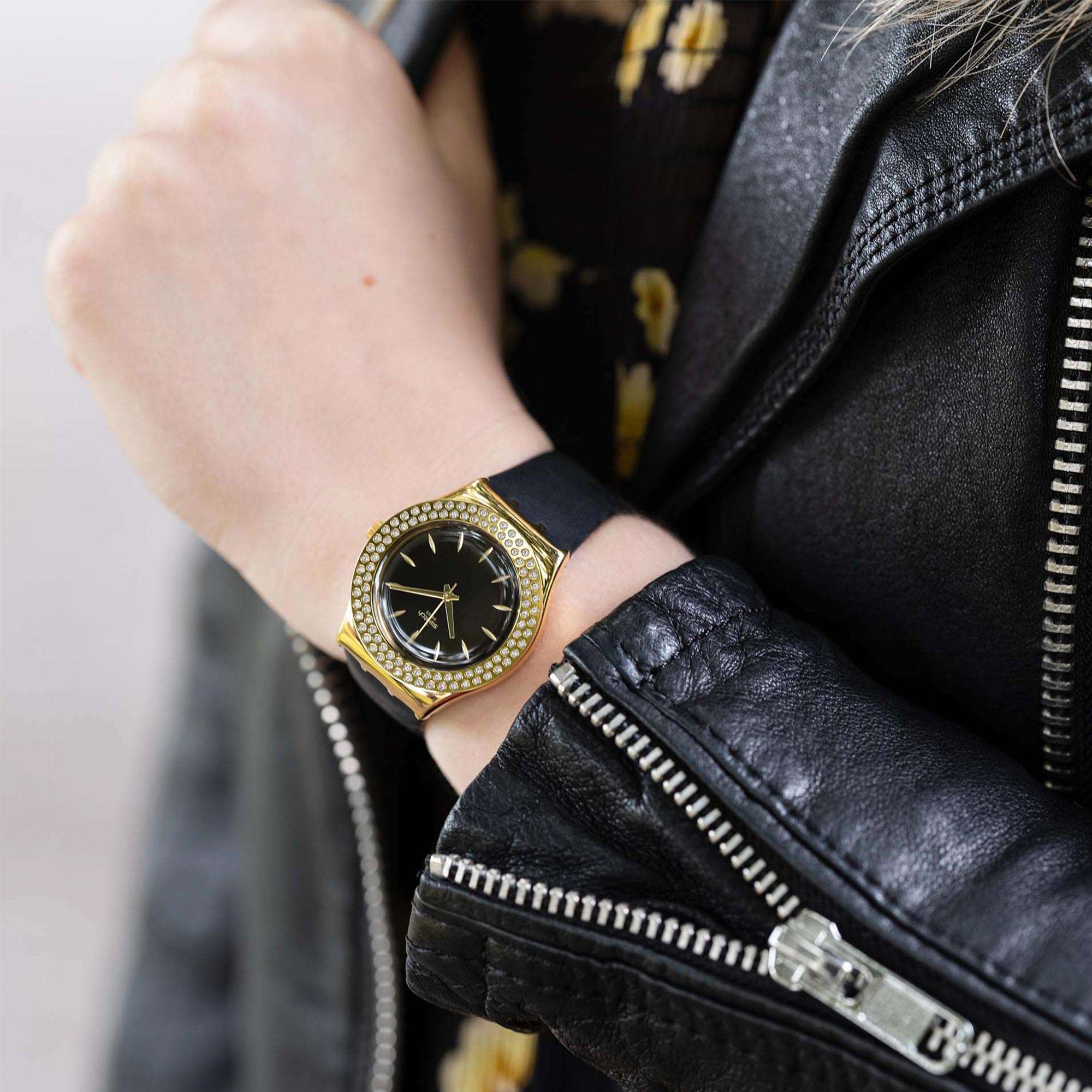 Swatch Goldy Show Quartz Black Dial Leather Strap Ladies Watch YLG141