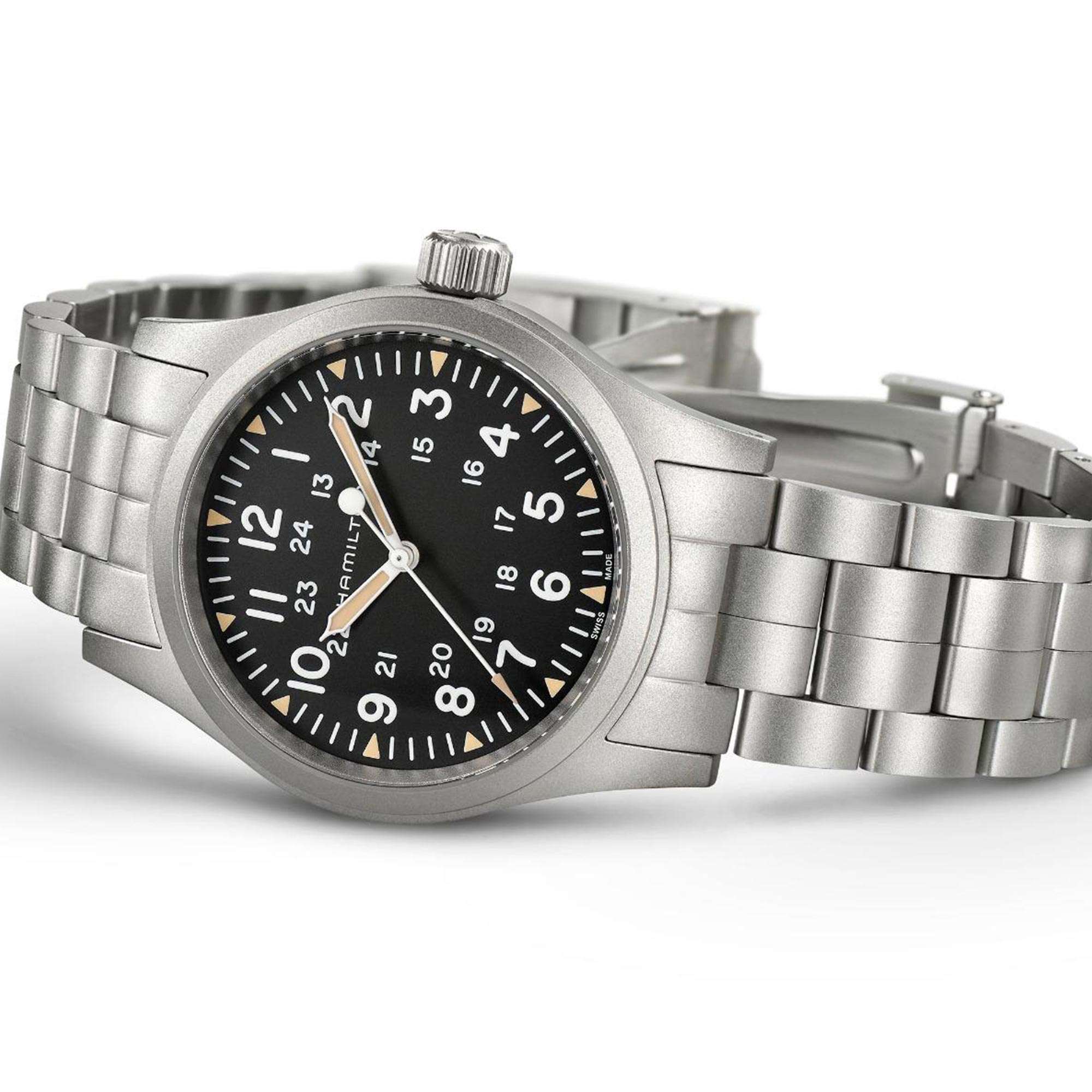 Hamilton Khaki Field Mechanical Silver Stainless Steel Bracelet Black Dial Unisex Watch H69439131