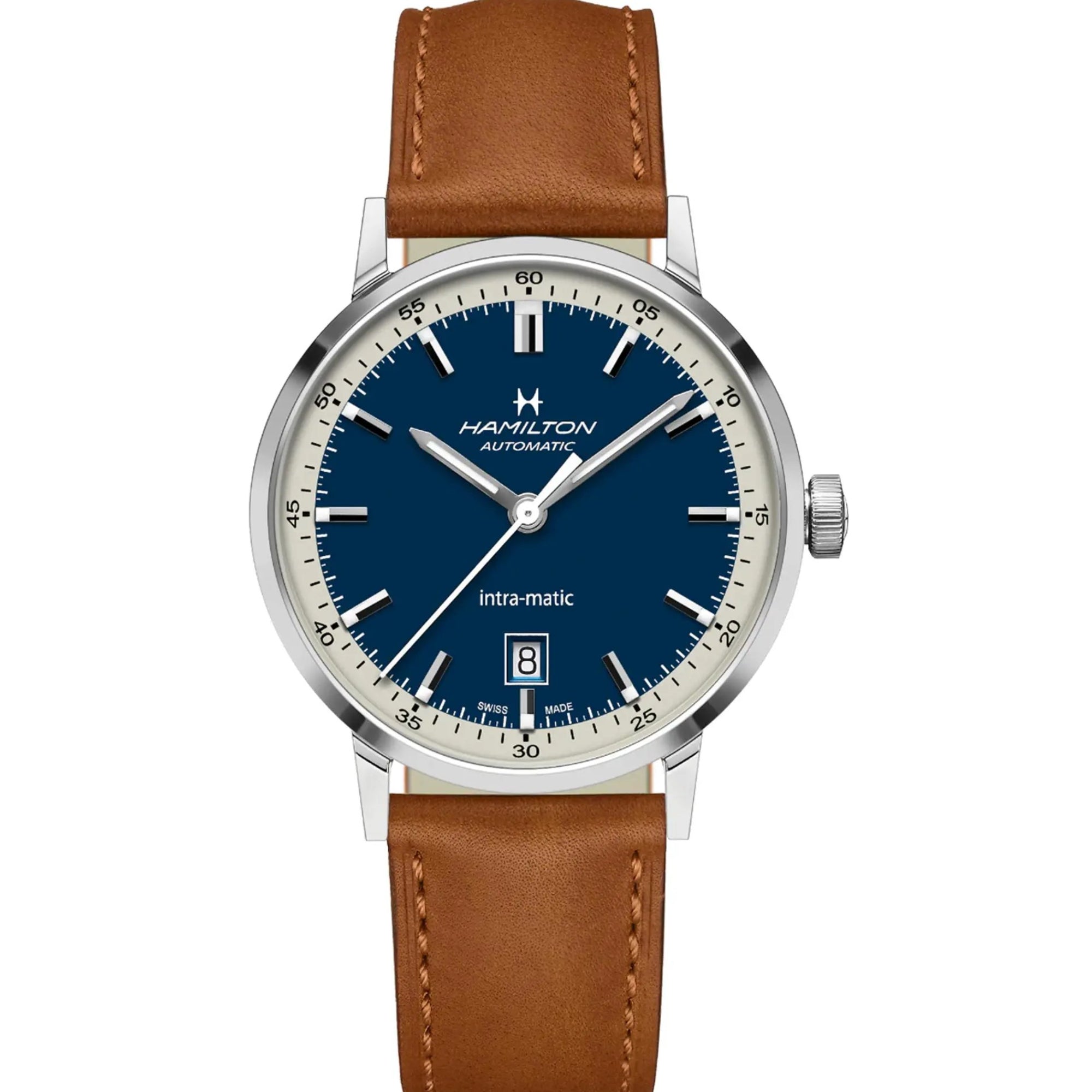 Hamilton American Classic Intra-Matic Automatic Blue Dial Brown Leather Strap Men's Watch H38425540
