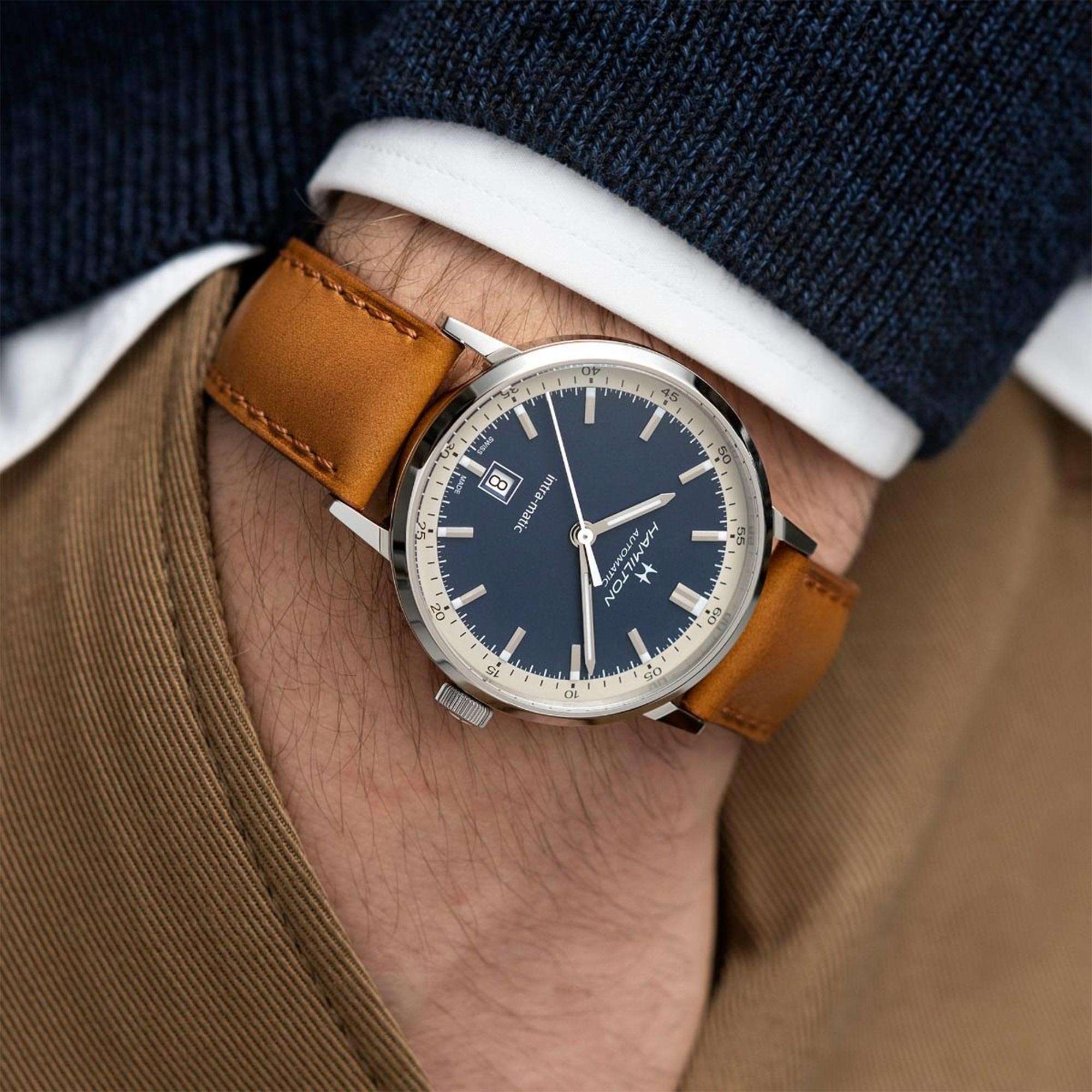 Hamilton American Classic Intra-Matic Automatic Blue Dial Brown Leather Strap Men's Watch H38425540