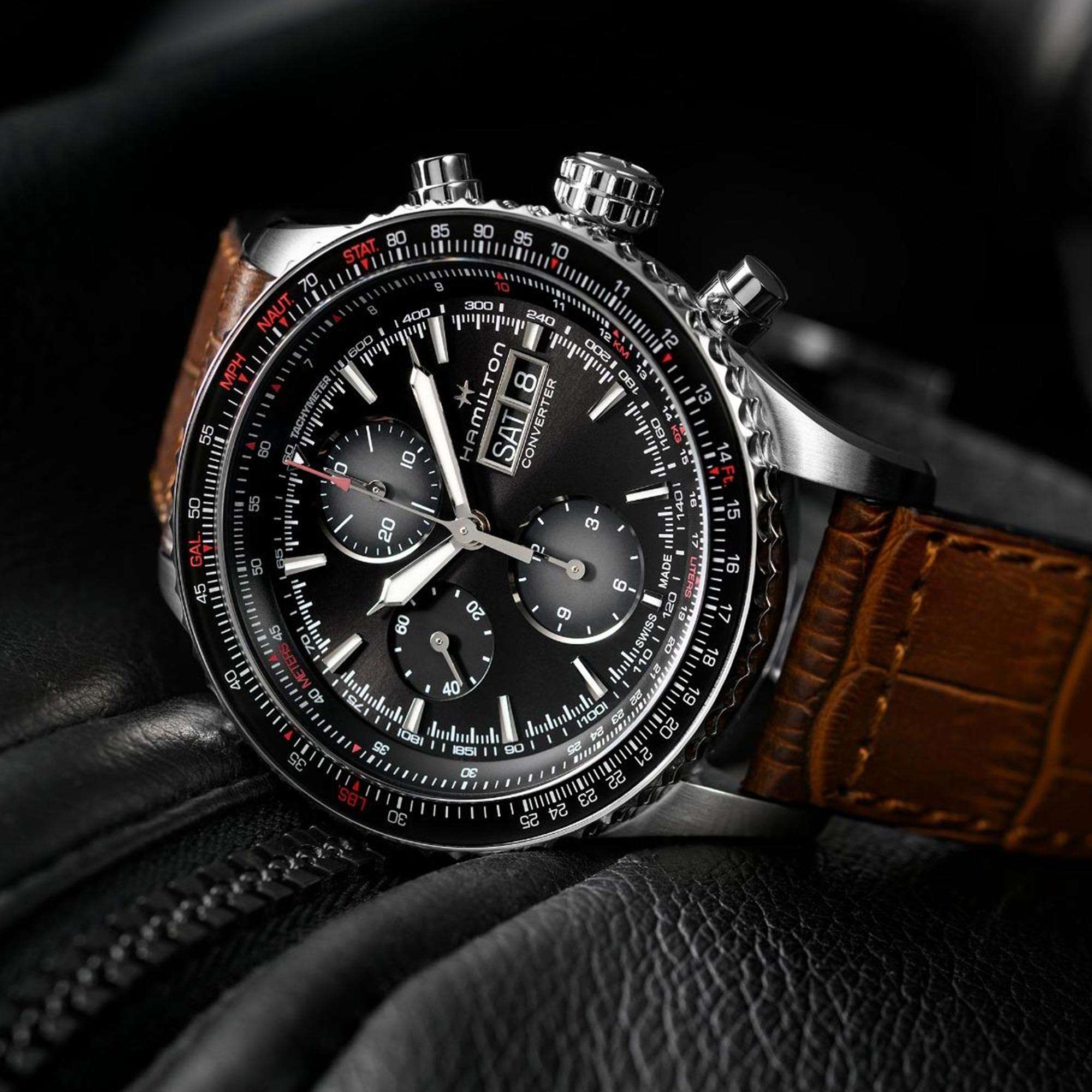 Hamilton Khaki Aviation Converter Automatic Chronograph Black Dial Brown Leather Strap Men's Watch H76726530