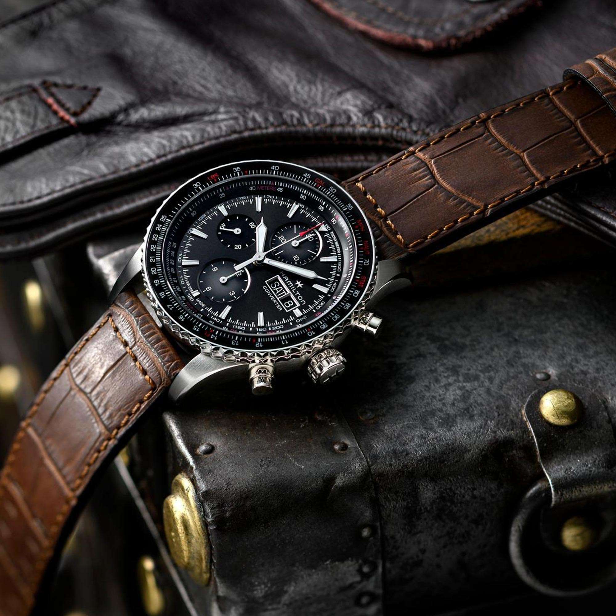 Hamilton Khaki Aviation Converter Automatic Chronograph Black Dial Brown Leather Strap Men's Watch H76726530