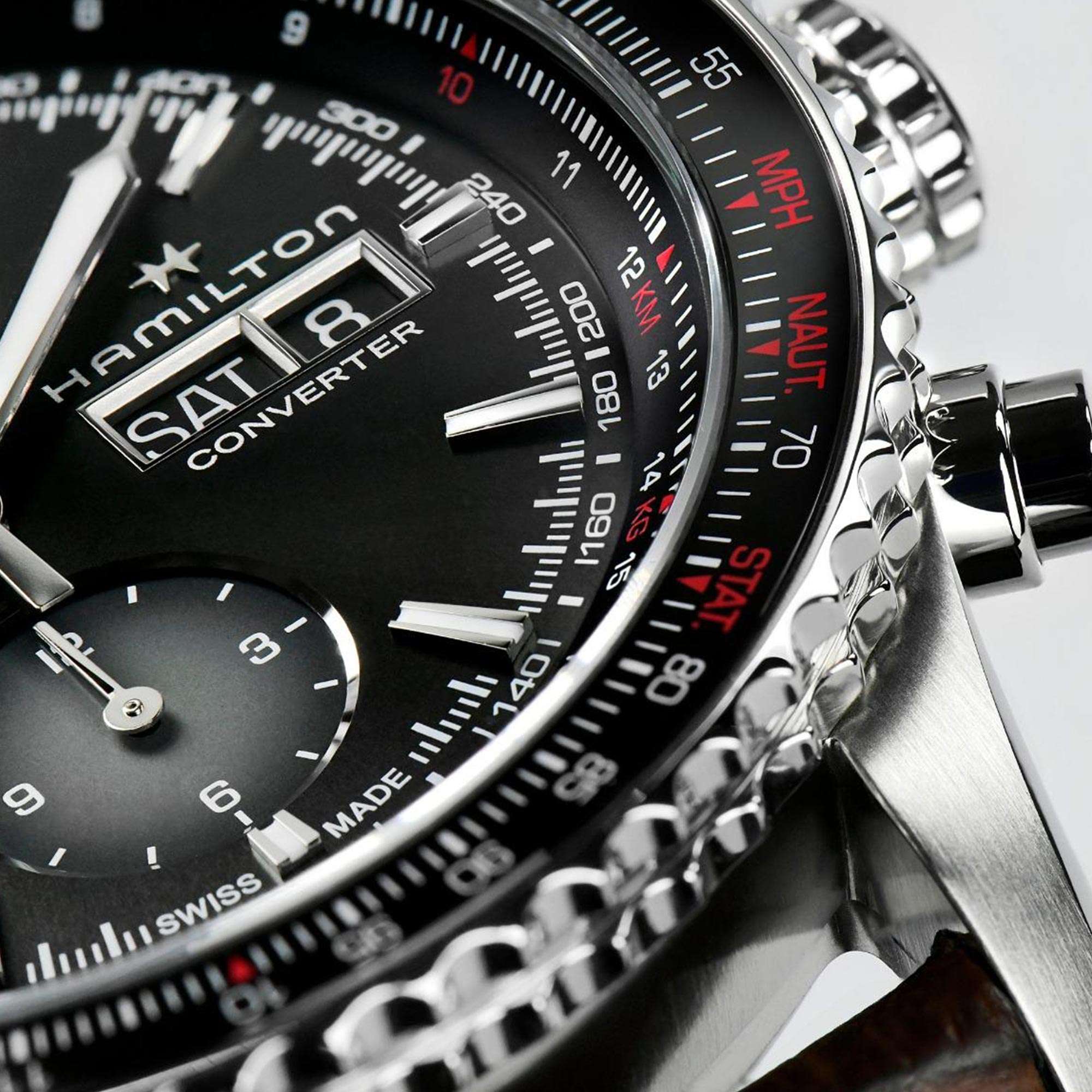 Hamilton Khaki Aviation Converter Automatic Chronograph Black Dial Brown Leather Strap Men's Watch H76726530