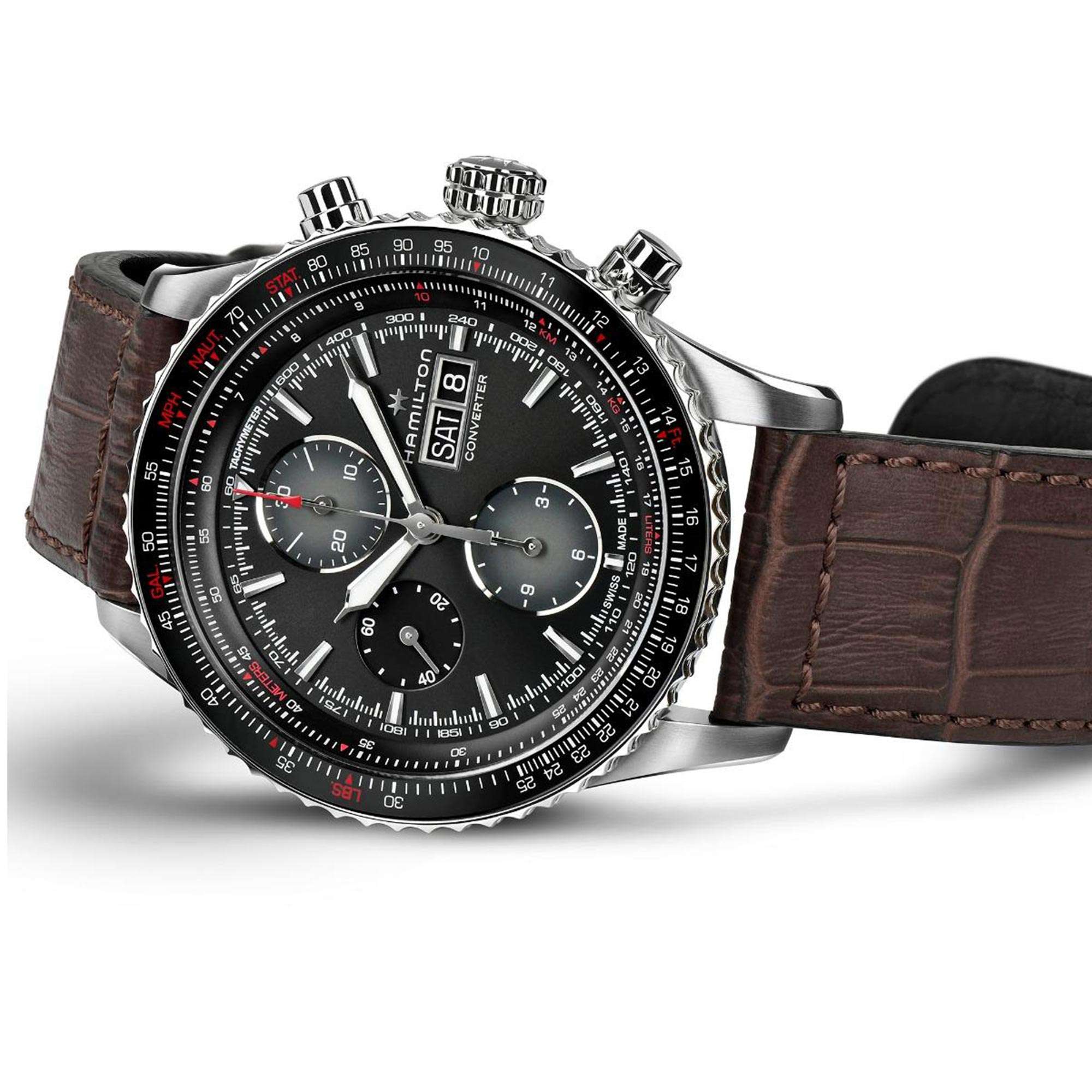 Hamilton Khaki Aviation Converter Automatic Chronograph Black Dial Brown Leather Strap Men's Watch H76726530