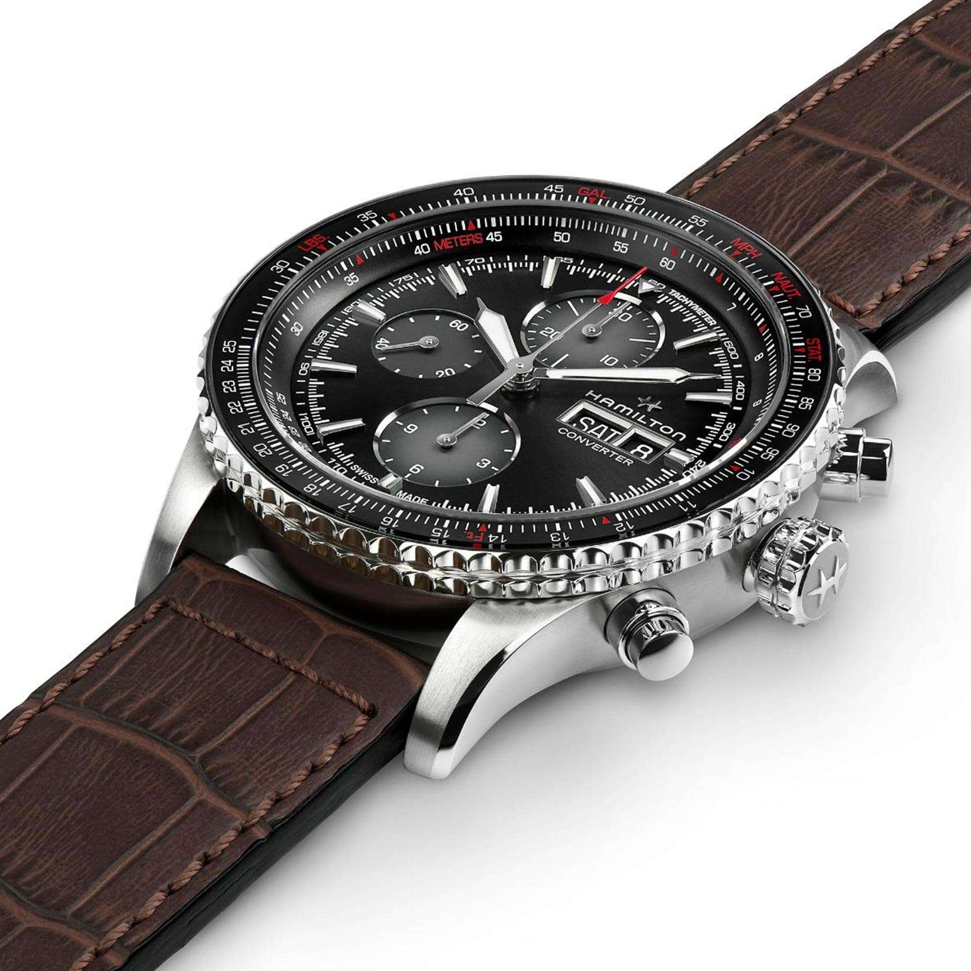 Hamilton Khaki Aviation Converter Automatic Chronograph Black Dial Brown Leather Strap Men's Watch H76726530