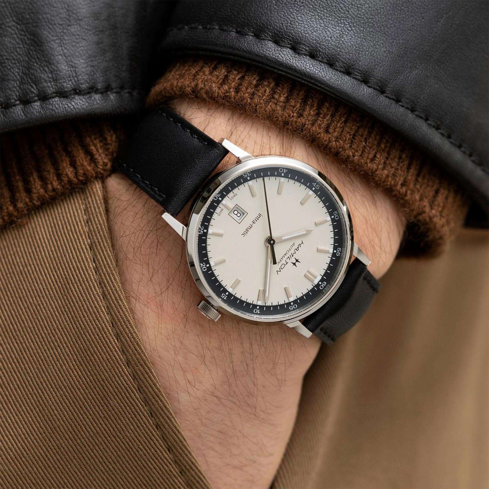 Hamilton American Classic Intra-Matic Automatic Beige Dial Black Leather Strap Men's Watch H38425720