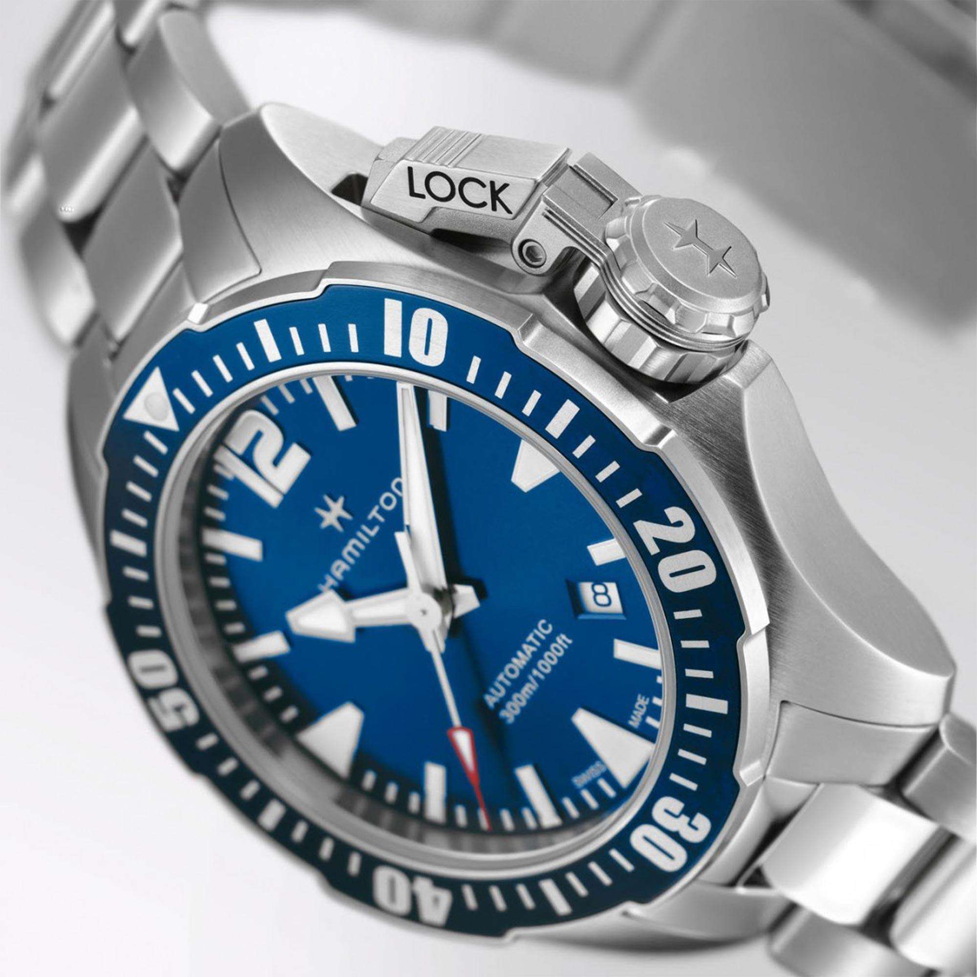 Hamilton Khaki Navy Frogman Automatic Blue Dial Stainless Steel Bracelet Men's Watch H77705145