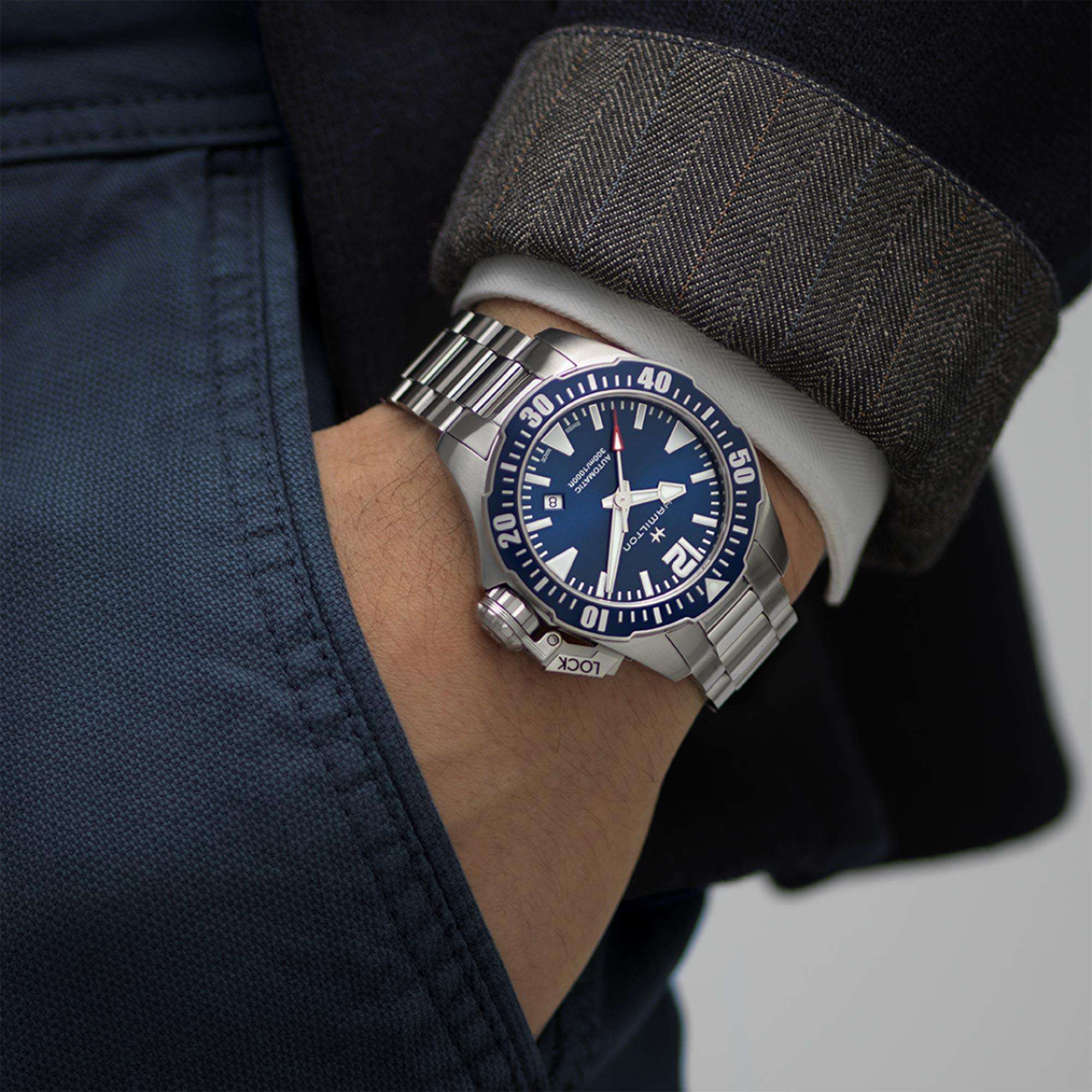 Hamilton Khaki Navy Frogman Automatic Blue Dial Stainless Steel Bracelet Men's Watch H77705145