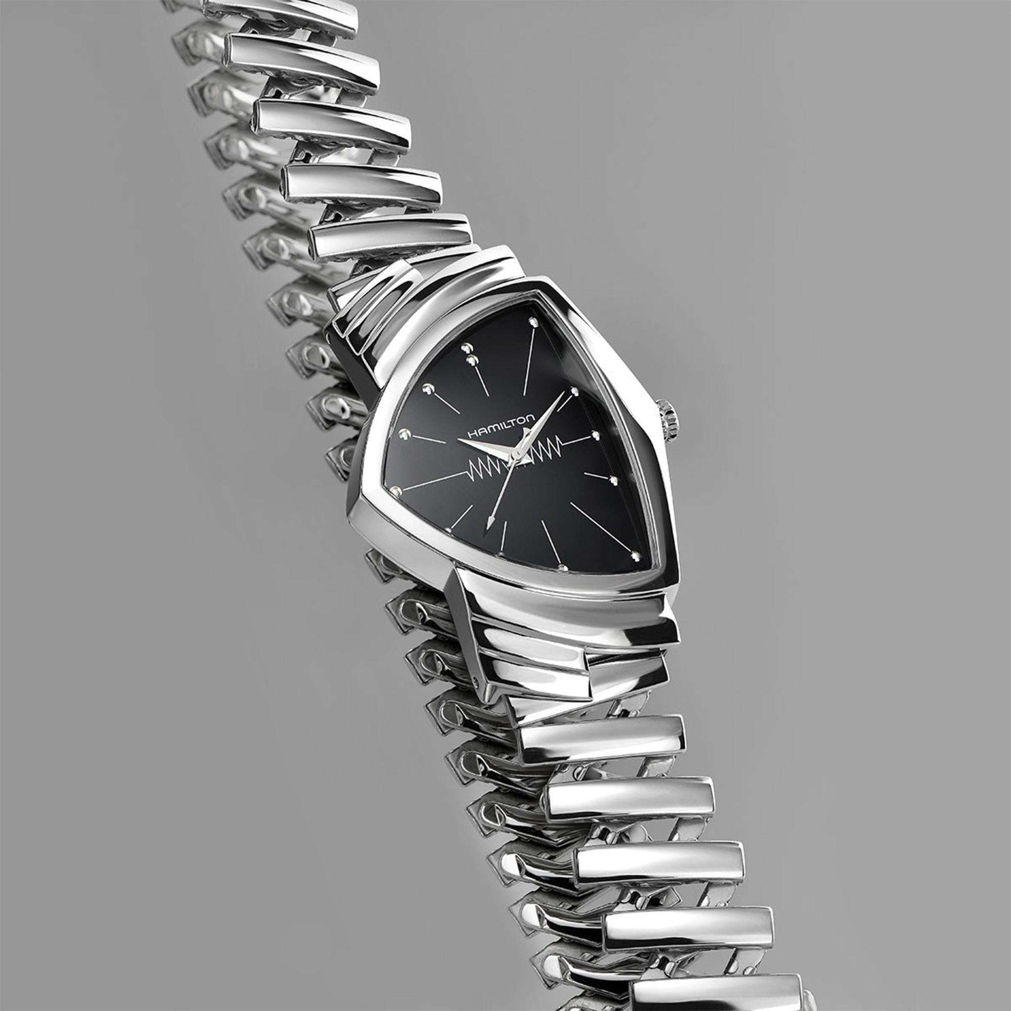Hamilton Ventura Quartz Black Dial Silver Steel Bracelet Men's Watch H24411232