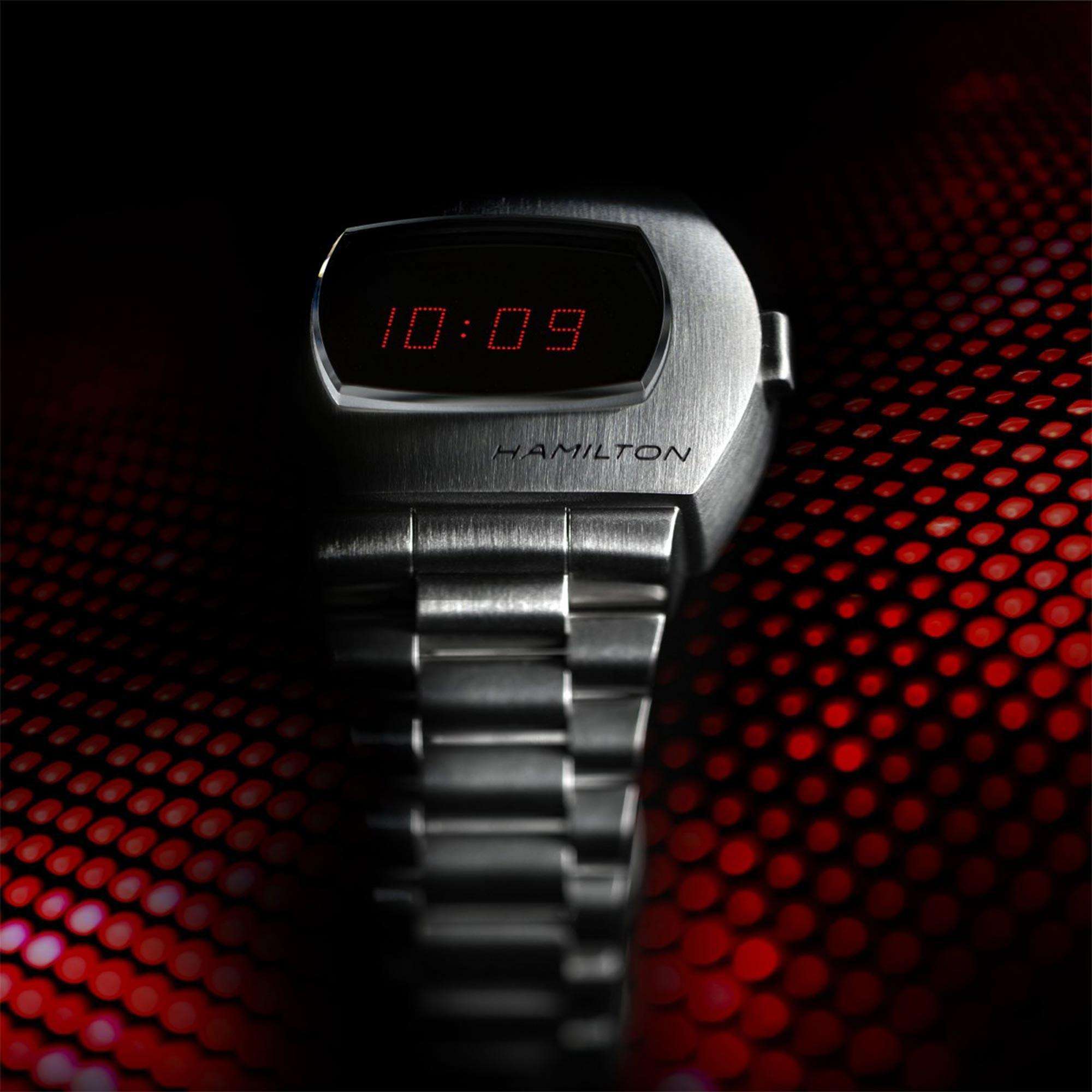 Hamilton American Classic PSR Red Digital Quartz Black Dial Silver Steel Bracelet Men's Watch H52414130