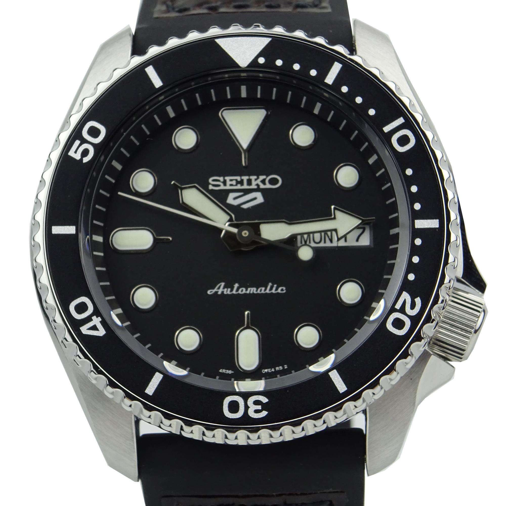 Seiko 5 Sports Genuine Brown Leather & Black Silicone Strap Automatic Black Dial Men's Watch SRPD55K2