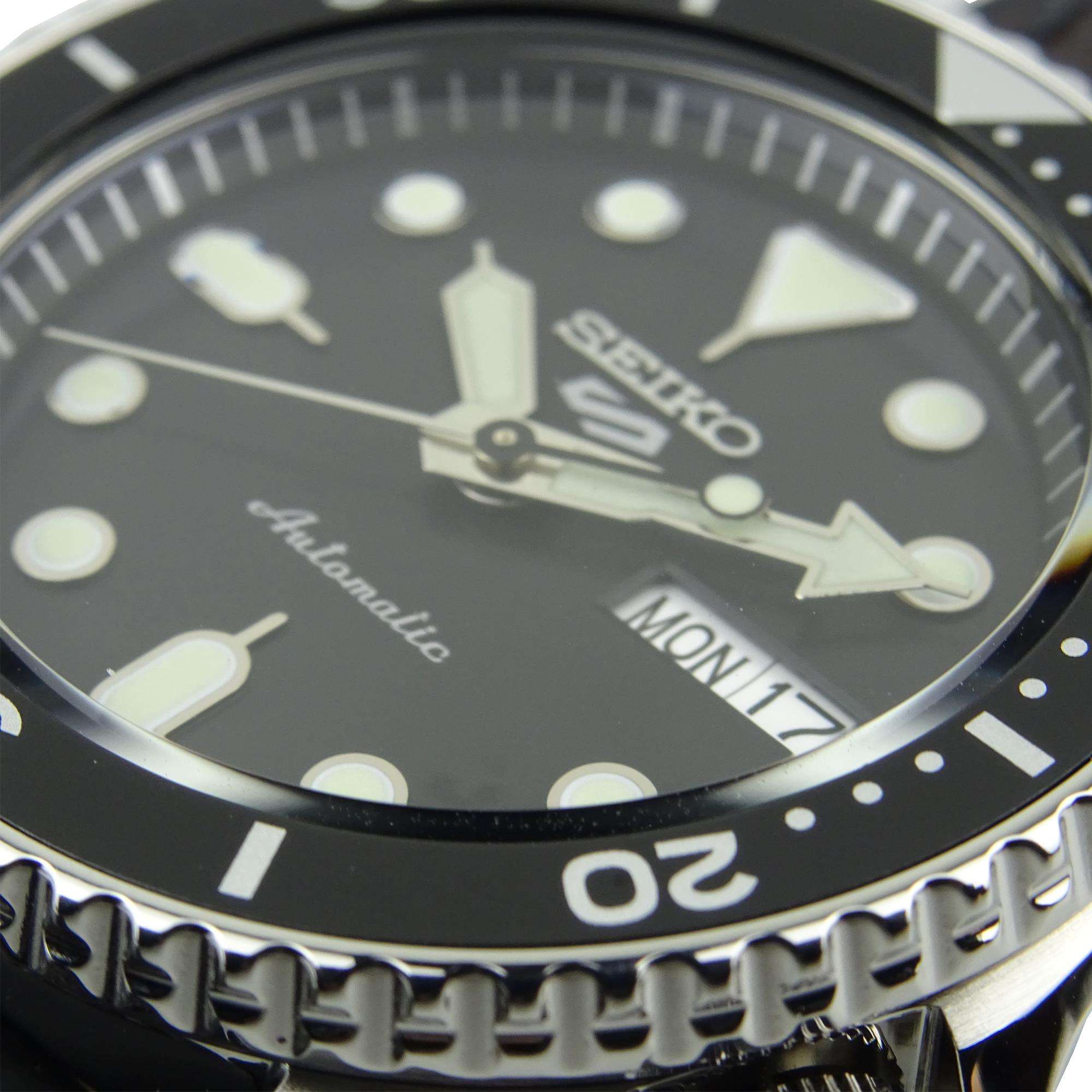 Seiko 5 Sports Genuine Brown Leather & Black Silicone Strap Automatic Black Dial Men's Watch SRPD55K2