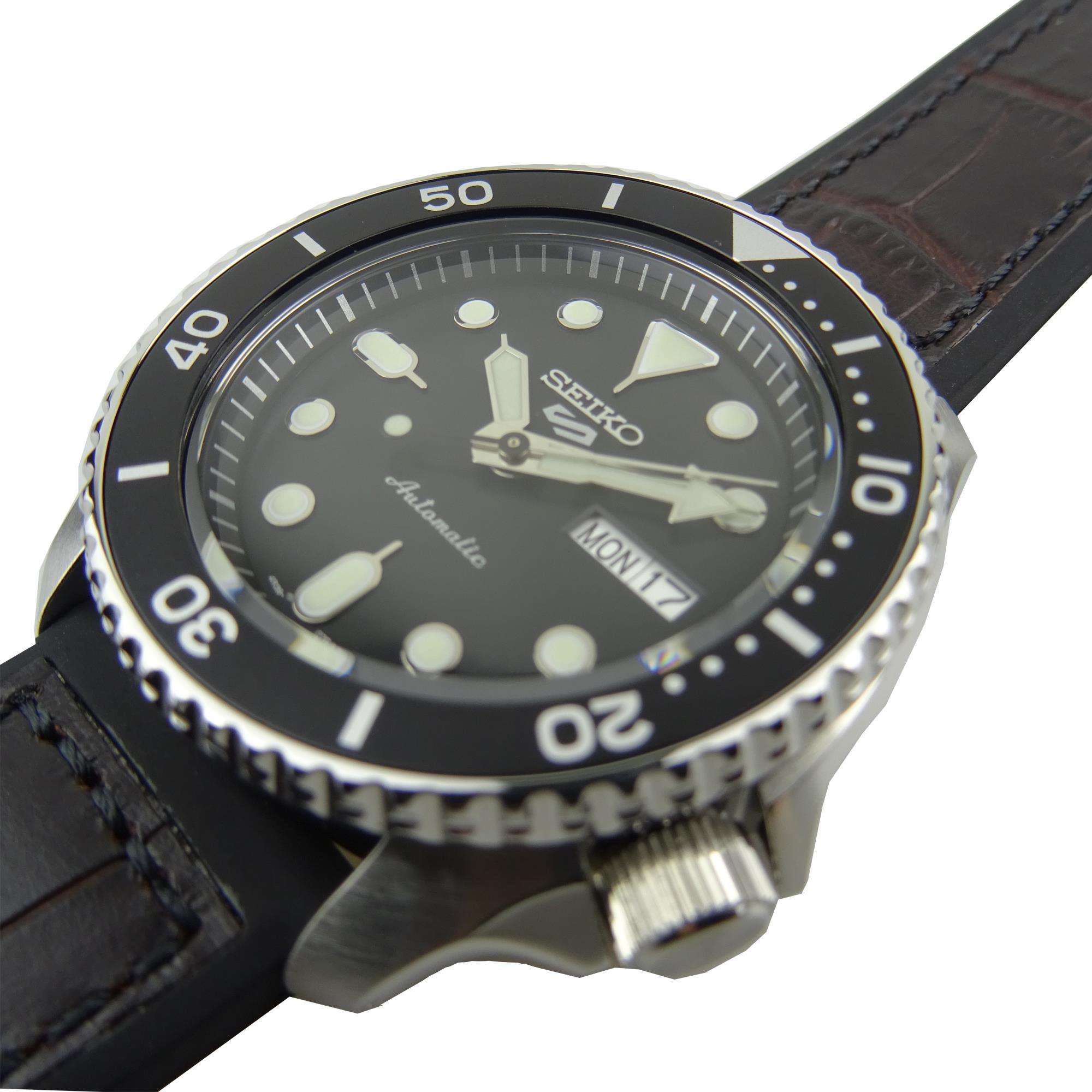 Seiko 5 Sports Genuine Brown Leather & Black Silicone Strap Automatic Black Dial Men's Watch SRPD55K2