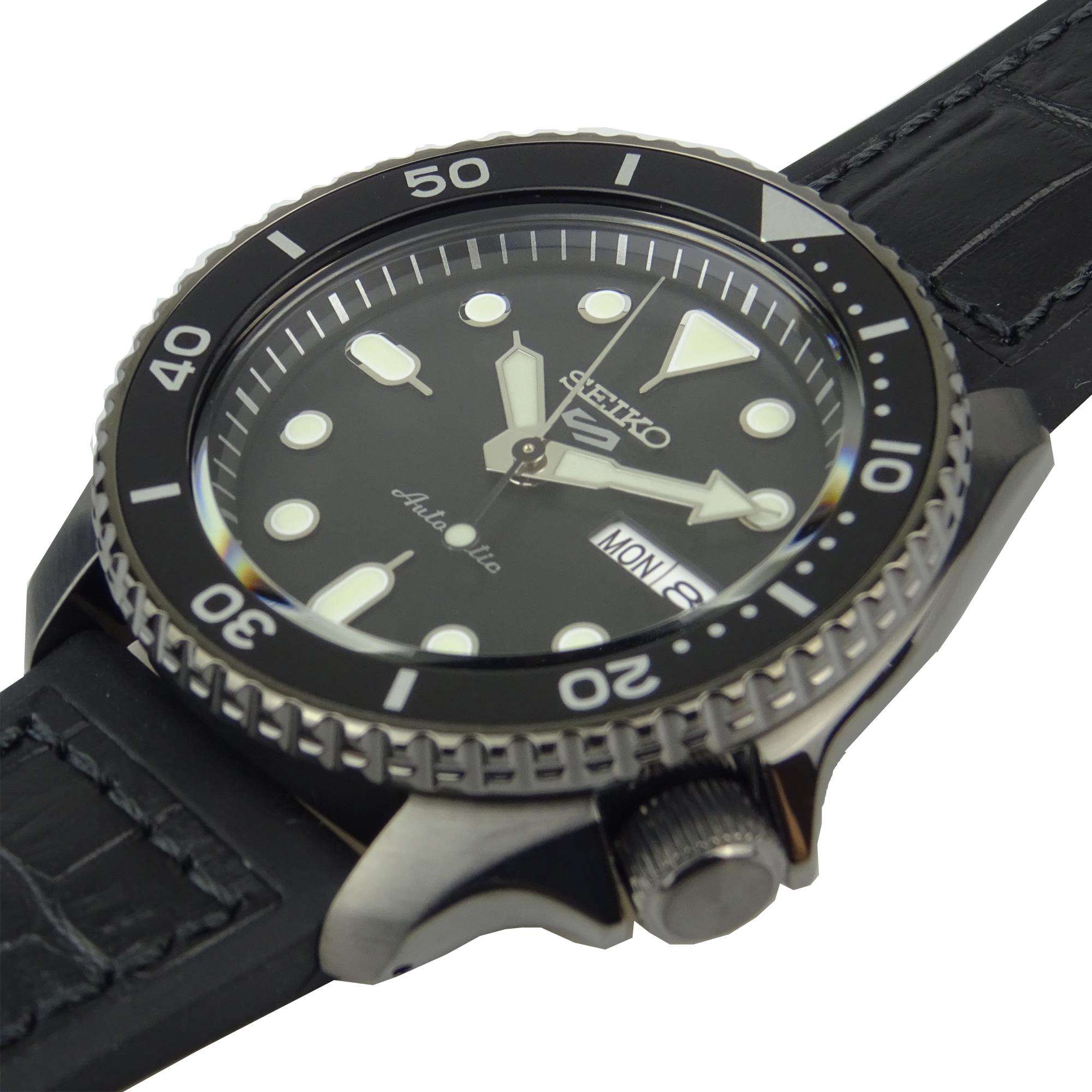 Seiko 5 Sports Automatic Black Dial Black Leather Strap Men's Watch SRPD65K3