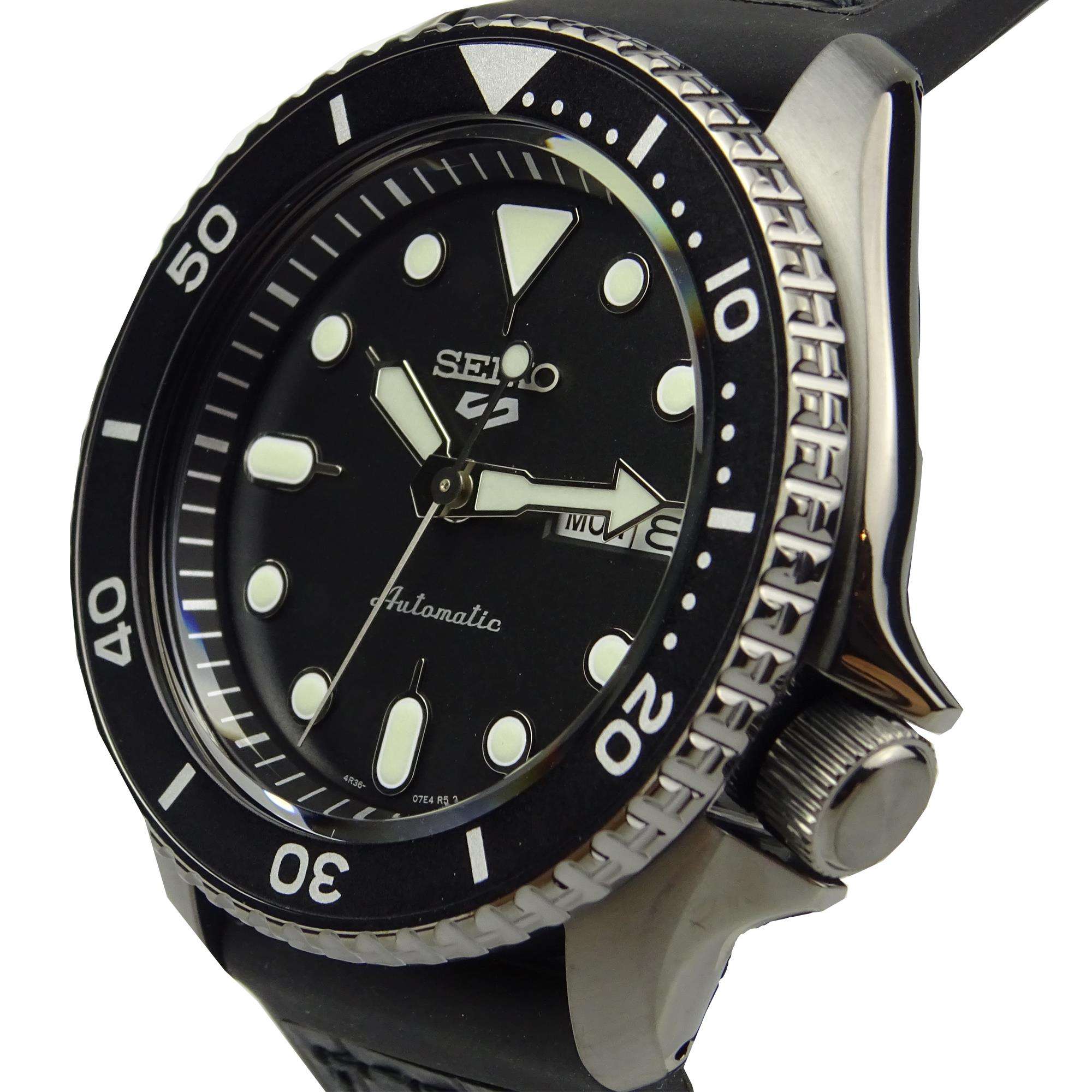 Seiko 5 Sports Automatic Black Dial Black Leather Strap Men's Watch SRPD65K3