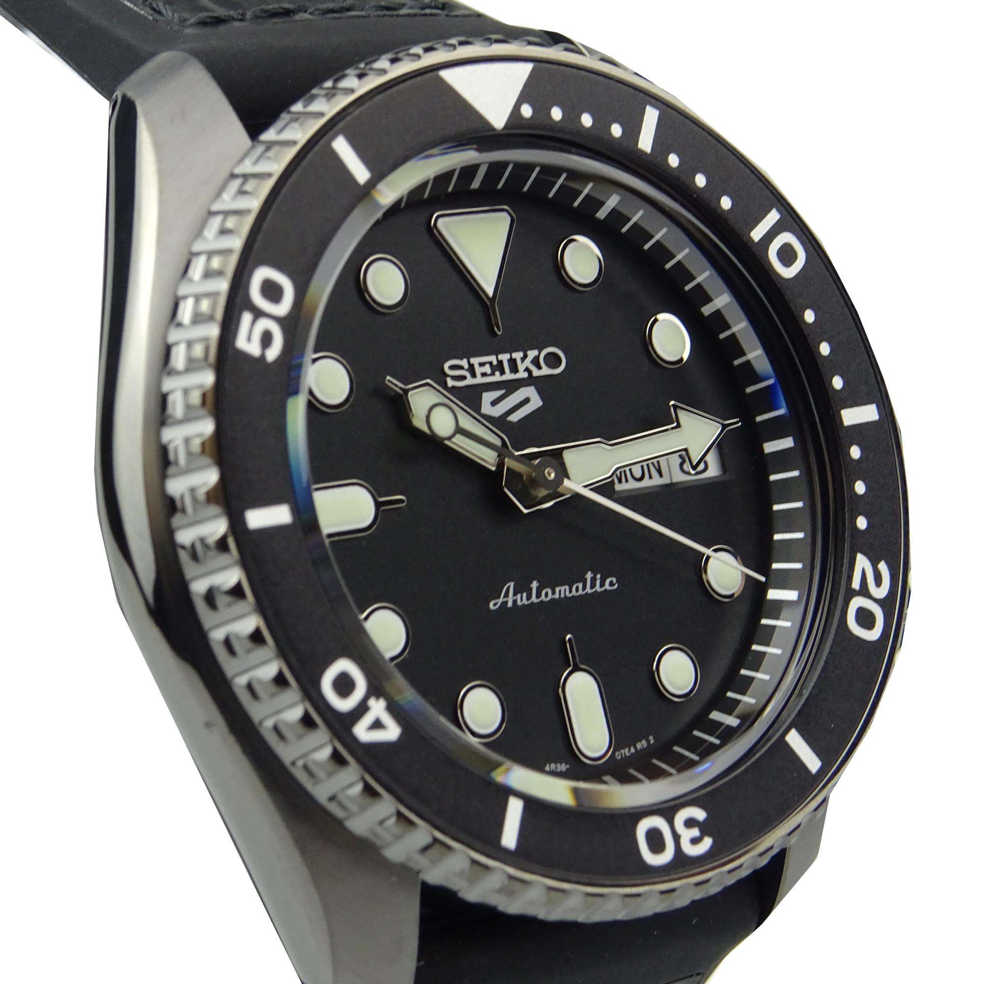 Seiko 5 Sports Automatic Black Dial Black Leather Strap Men's Watch SRPD65K3