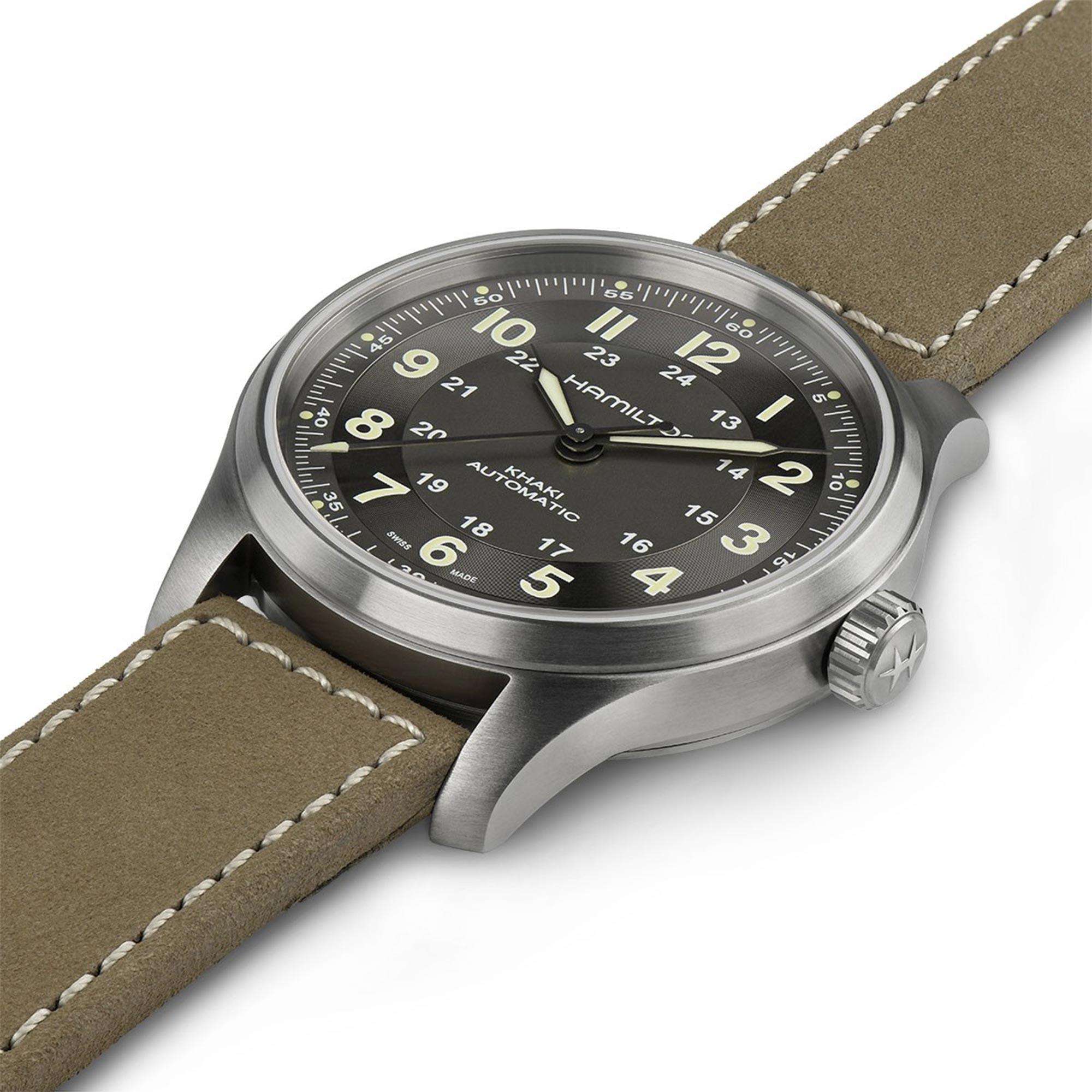 Hamilton Khaki Field Titanium Automatic Black Dial Brown Leather Strap Men's Watch H70545550