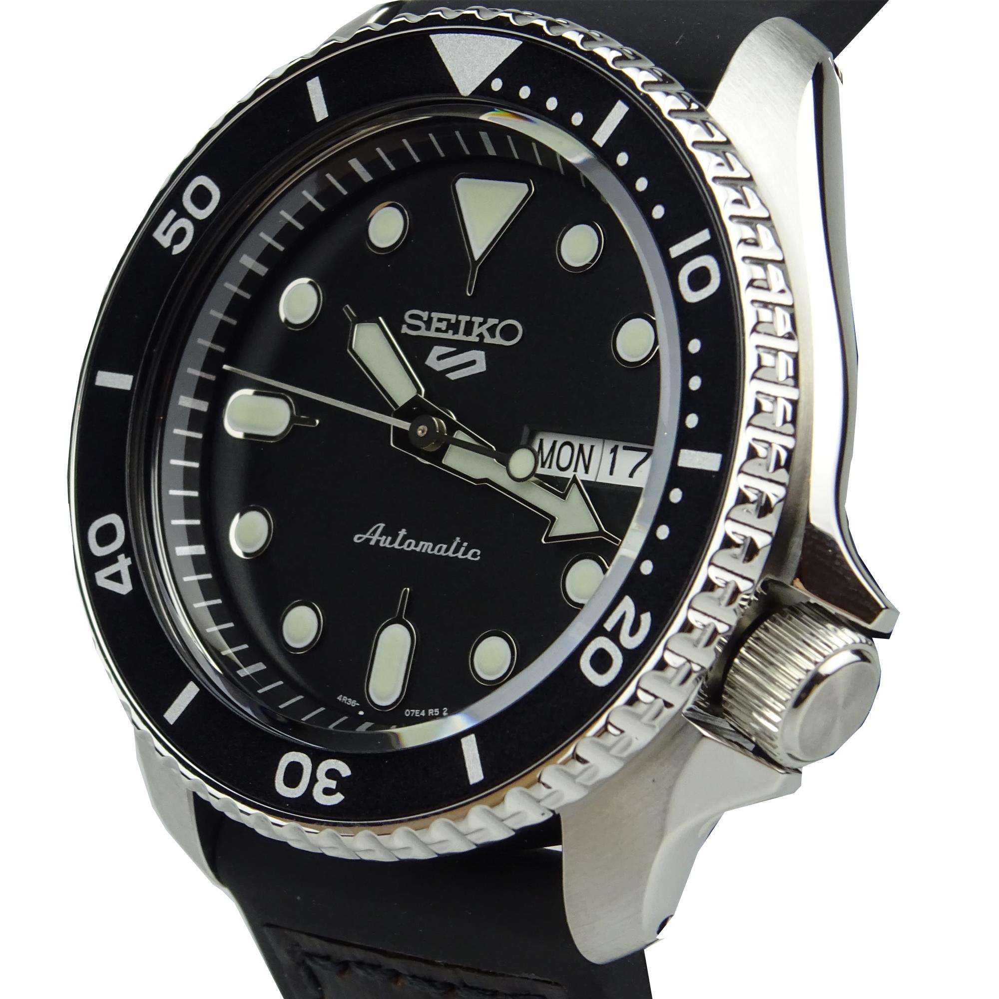 Seiko 5 Sports Genuine Brown Leather & Black Silicone Strap Automatic Black Dial Men's Watch SRPD55K2