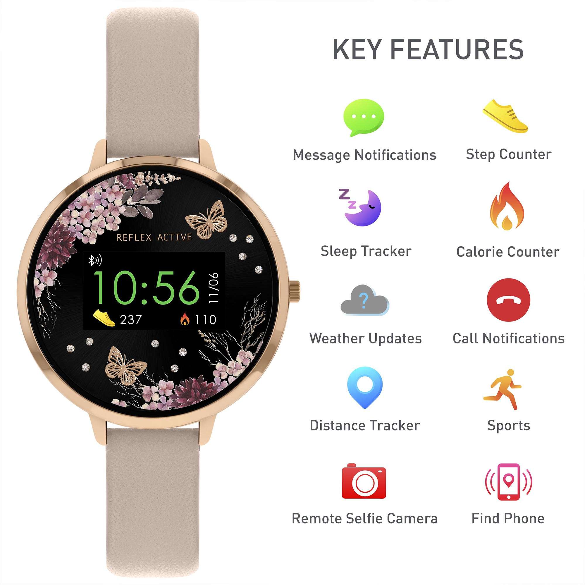 Reflex Active Series 03 Black Floral Dial Pink Silicone Strap Ladies Smartwatch RA03-2014