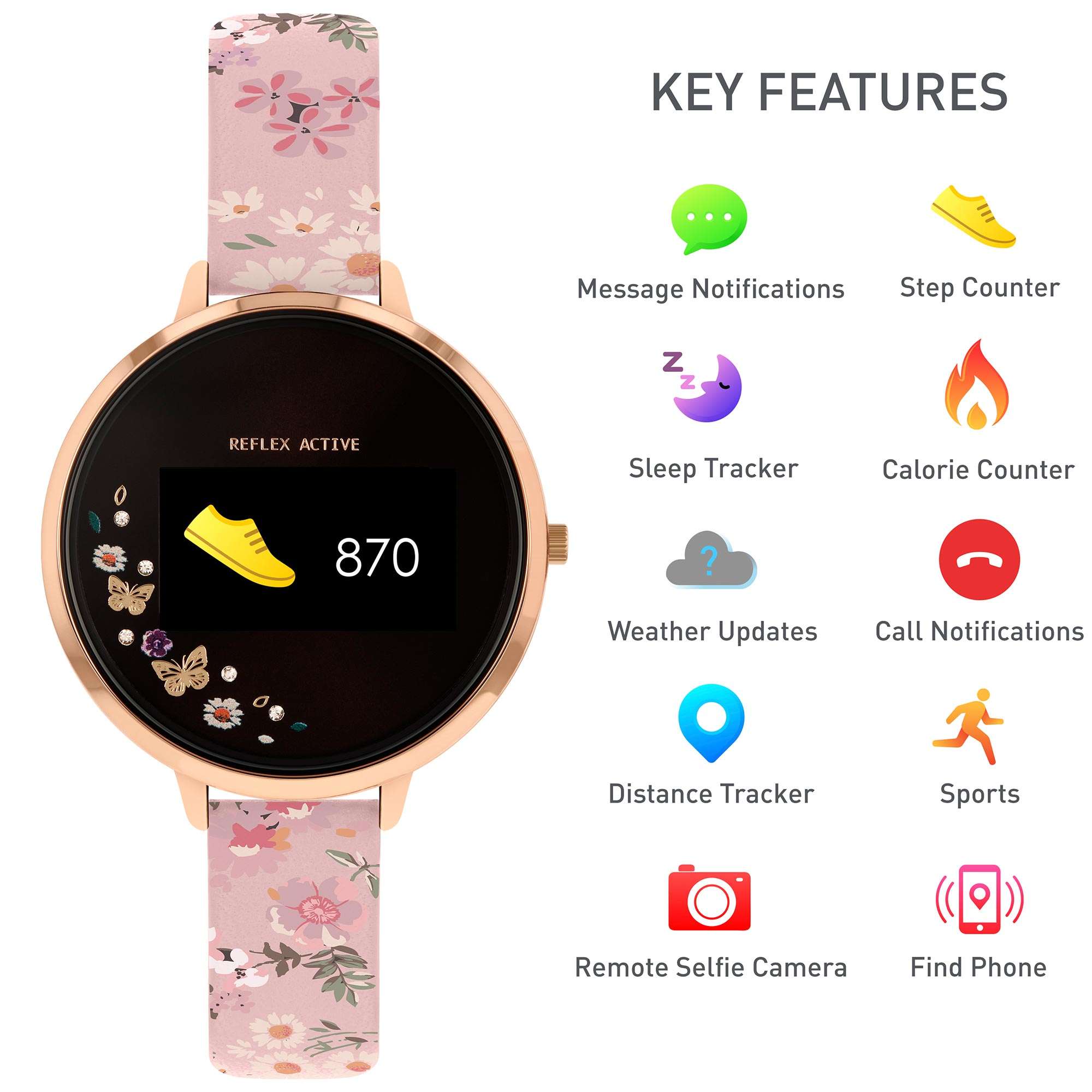 Reflex Active Bluetooth Black Dial Pink Floral Strap Rose Gold Bracelet Ladies Smartwatch RA03-2058