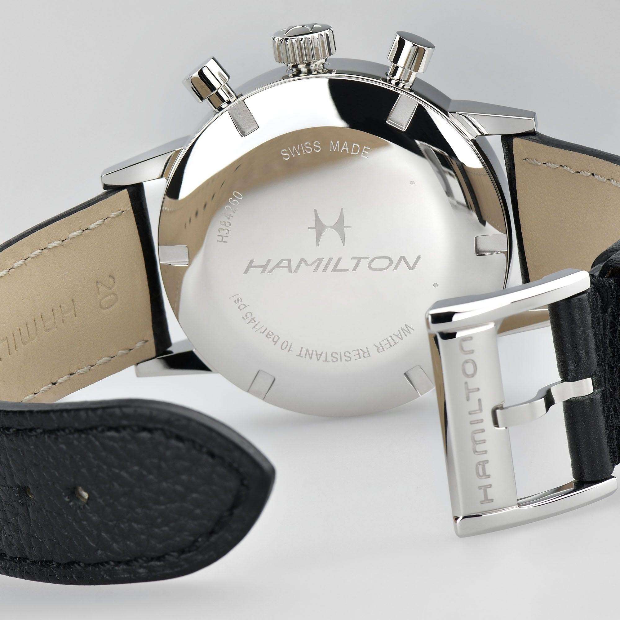 Hamilton American Classic Intra-Matic Chronograph H Automatic White Dial Black Leather Strap Men’s Watch H38429710