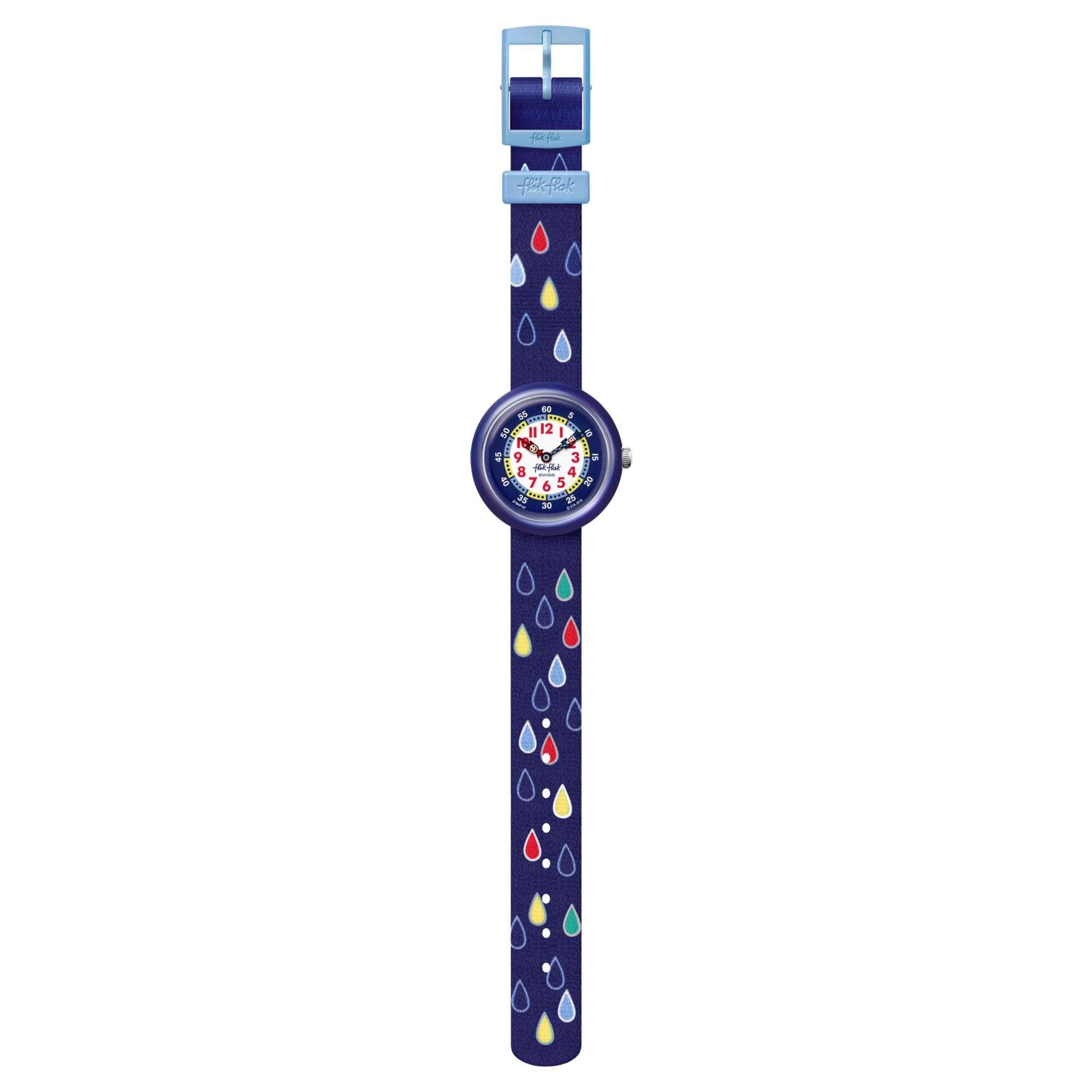 Flik Flak Garden Adventure Rain Drops Quartz Movement Blue Dial Textile Bracelet Boys Watch FBNP147