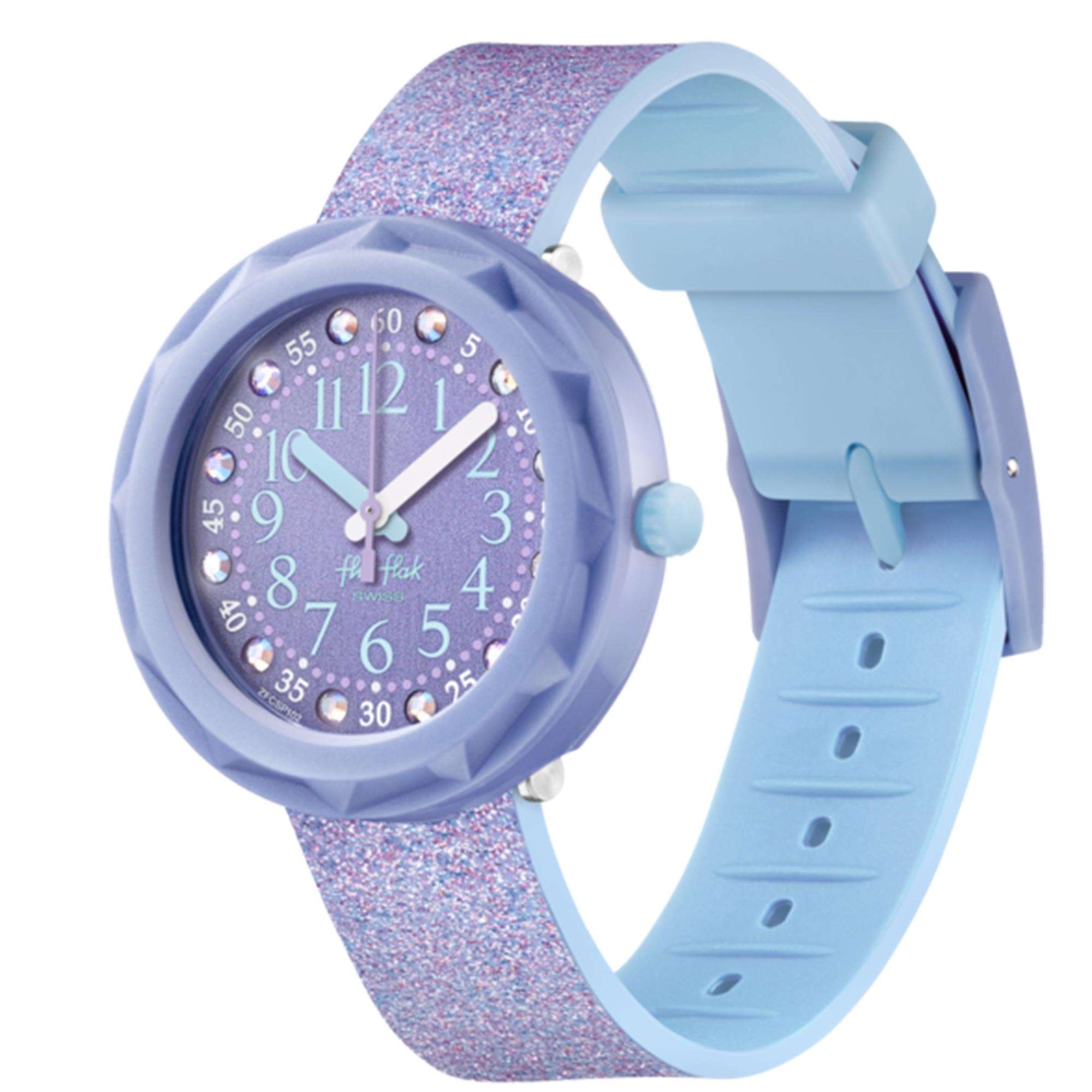 Flik Flak Shine Bright Lilaxus Quartz Movement Purple Dial Silicone Bracelet Girls Watch FCSP102