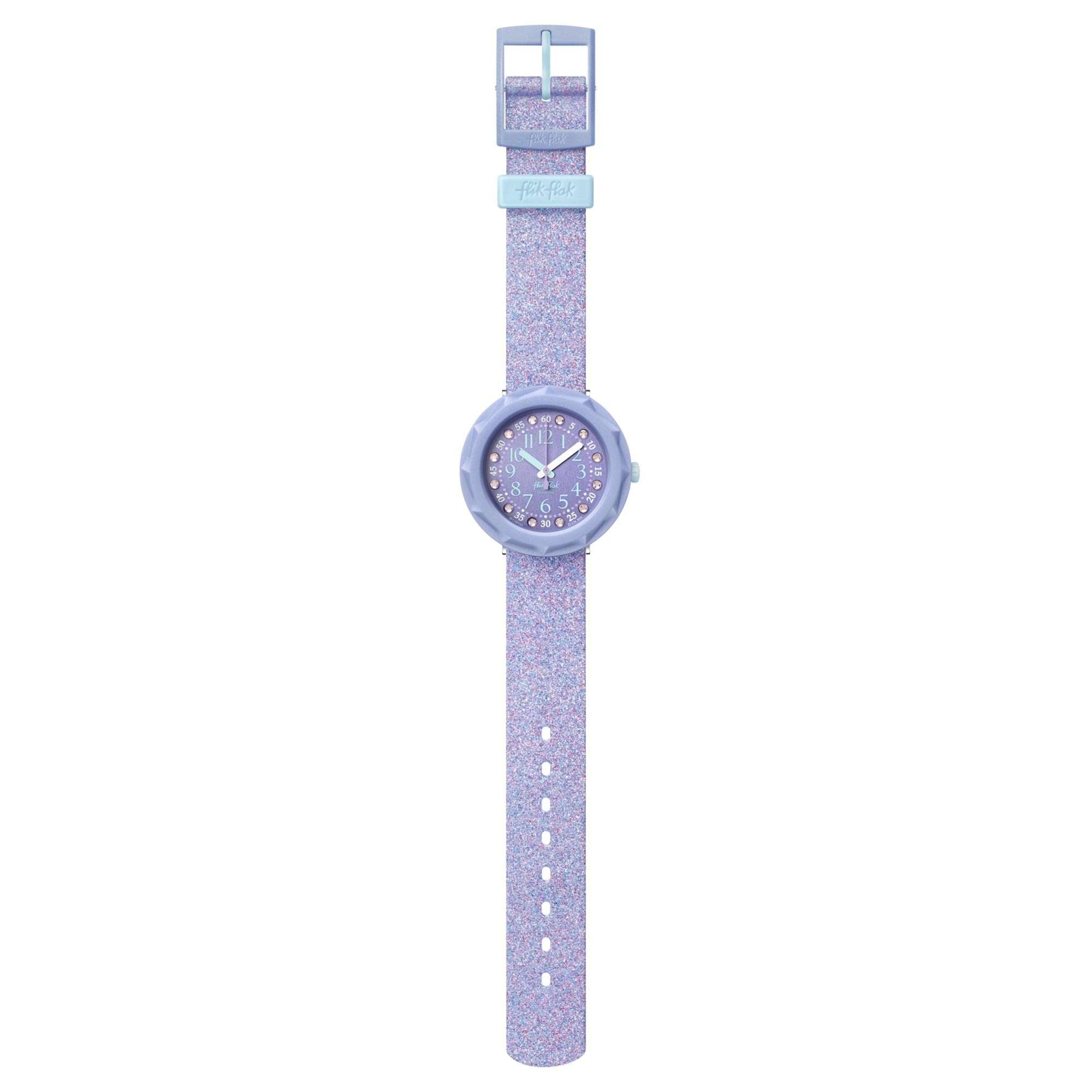 Flik Flak Shine Bright Lilaxus Quartz Movement Purple Dial Silicone Bracelet Girls Watch FCSP102