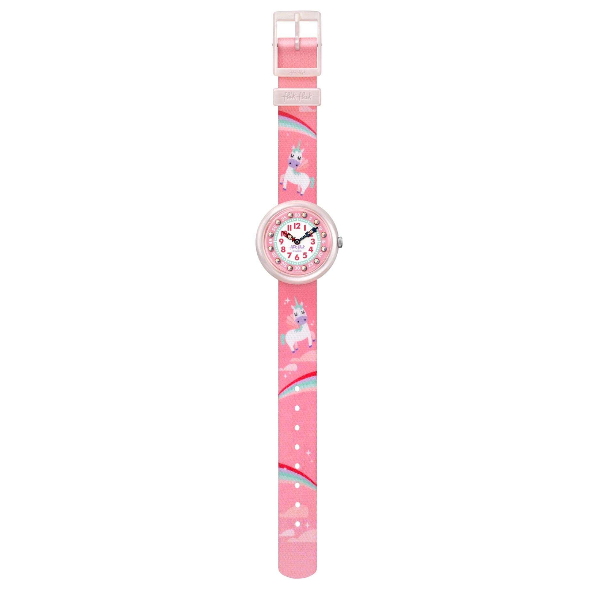 Flik Flak Up in the Sky Magical Dream Quartz Movement Pink Dial Textile Bracelet Kids Watch FBNP121