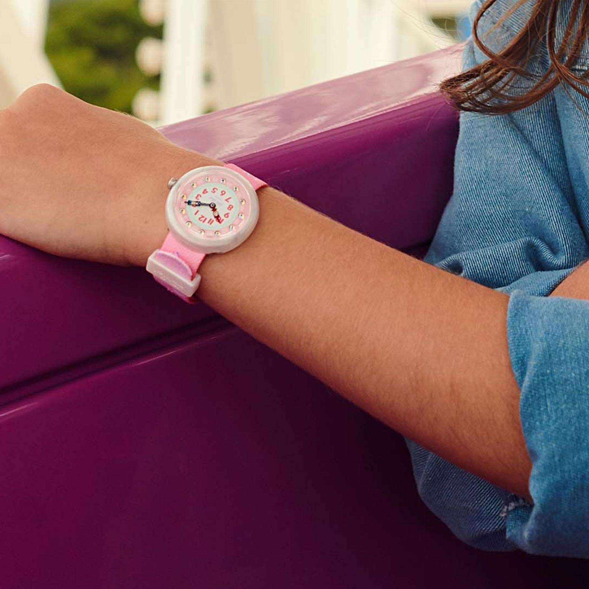 Flik Flak Up in the Sky Magical Dream Quartz Movement Pink Dial Textile Bracelet Kids Watch FBNP121