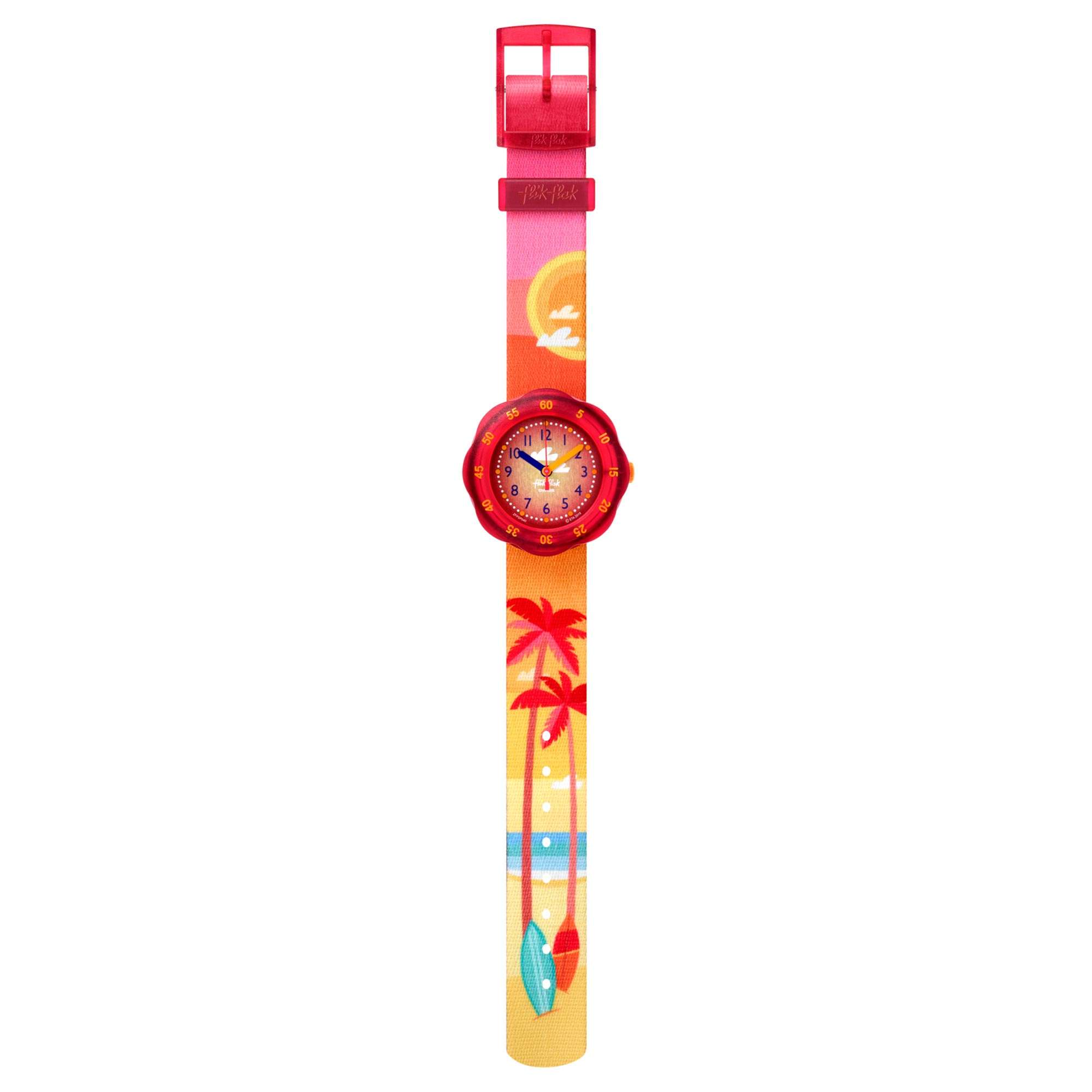 Flik Flak Pool in Miami Palmiboo Quartz Movement Red Dial Textile Bracelet Kids Watch FPSP040