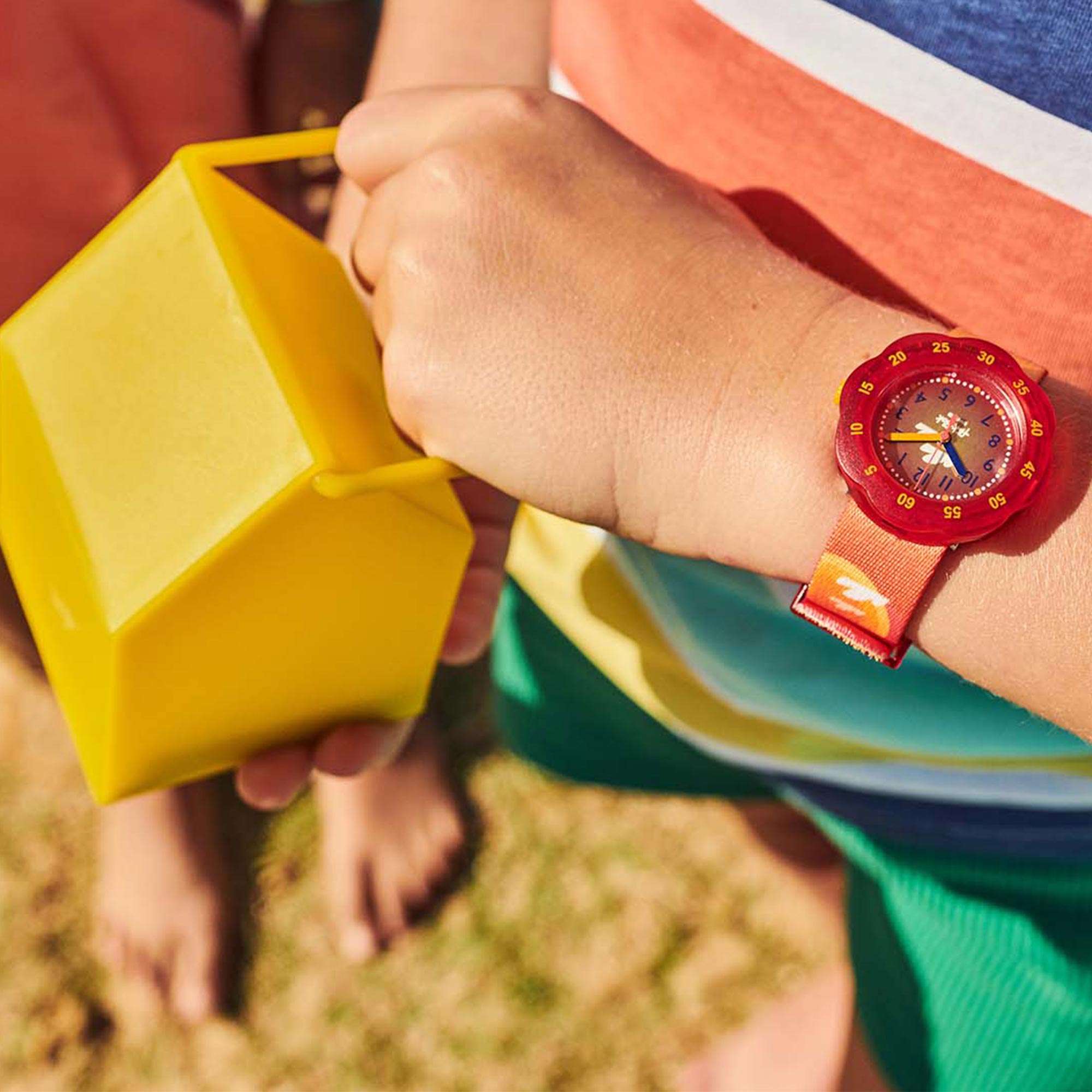 Flik Flak Pool in Miami Palmiboo Quartz Movement Red Dial Textile Bracelet Kids Watch FPSP040