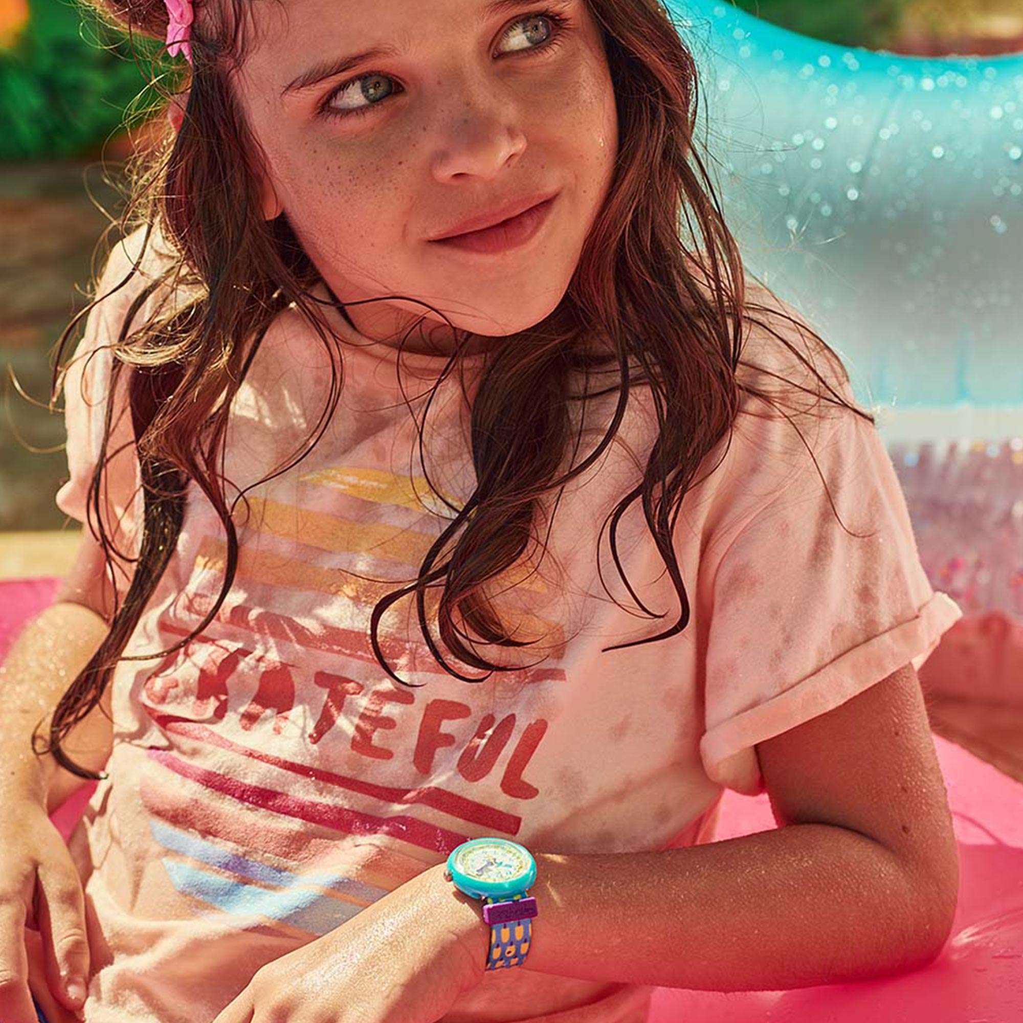 Flik Flak Pool in Miami Lemon Freeze Quartz Movement Yellow Dial Textile Bracelet Kids Watch FPNP062