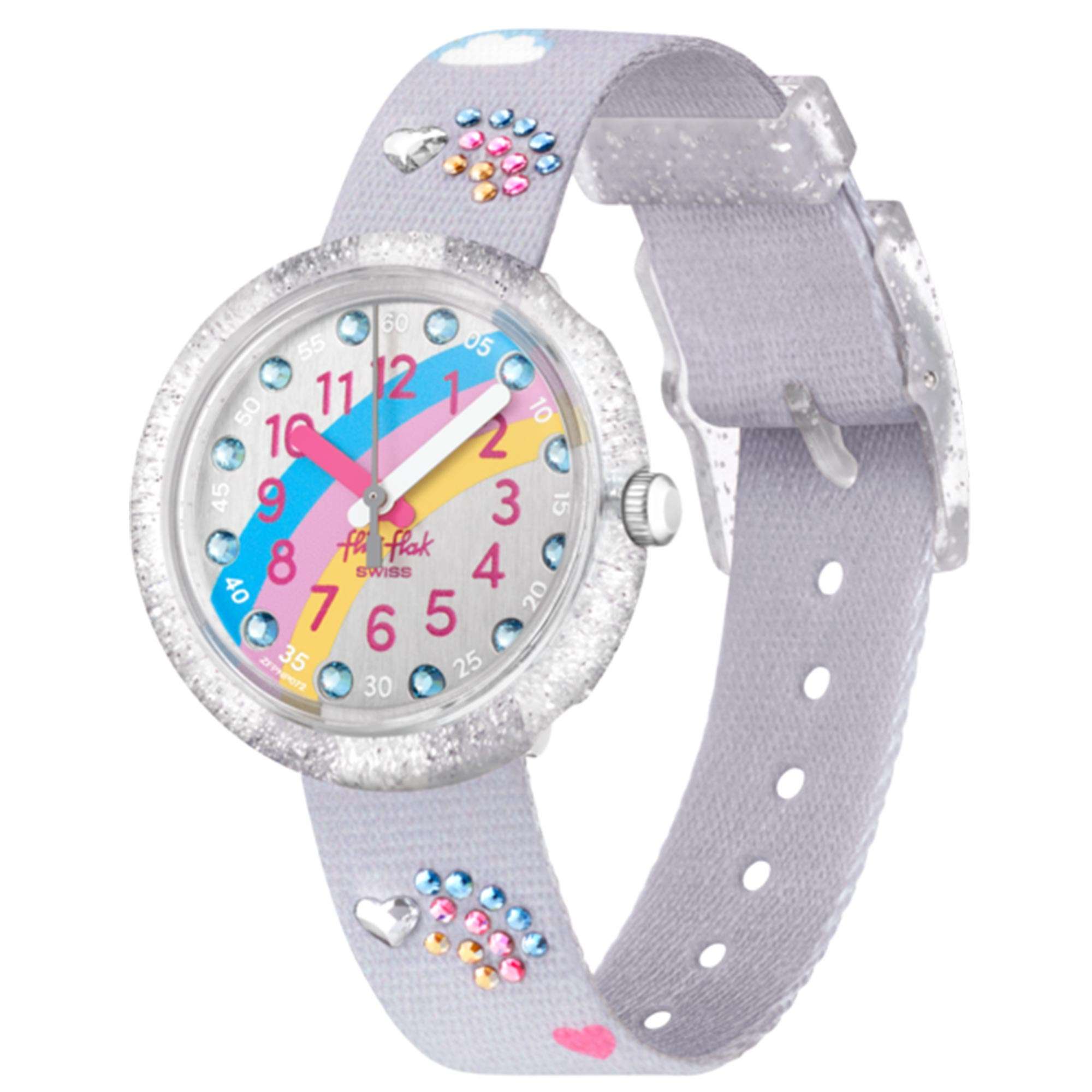 Flik Flak Shine Bright Over The Rainbow Quartz Movement Grey Dial Plastic Bracelet Kids Watch FPNP072
