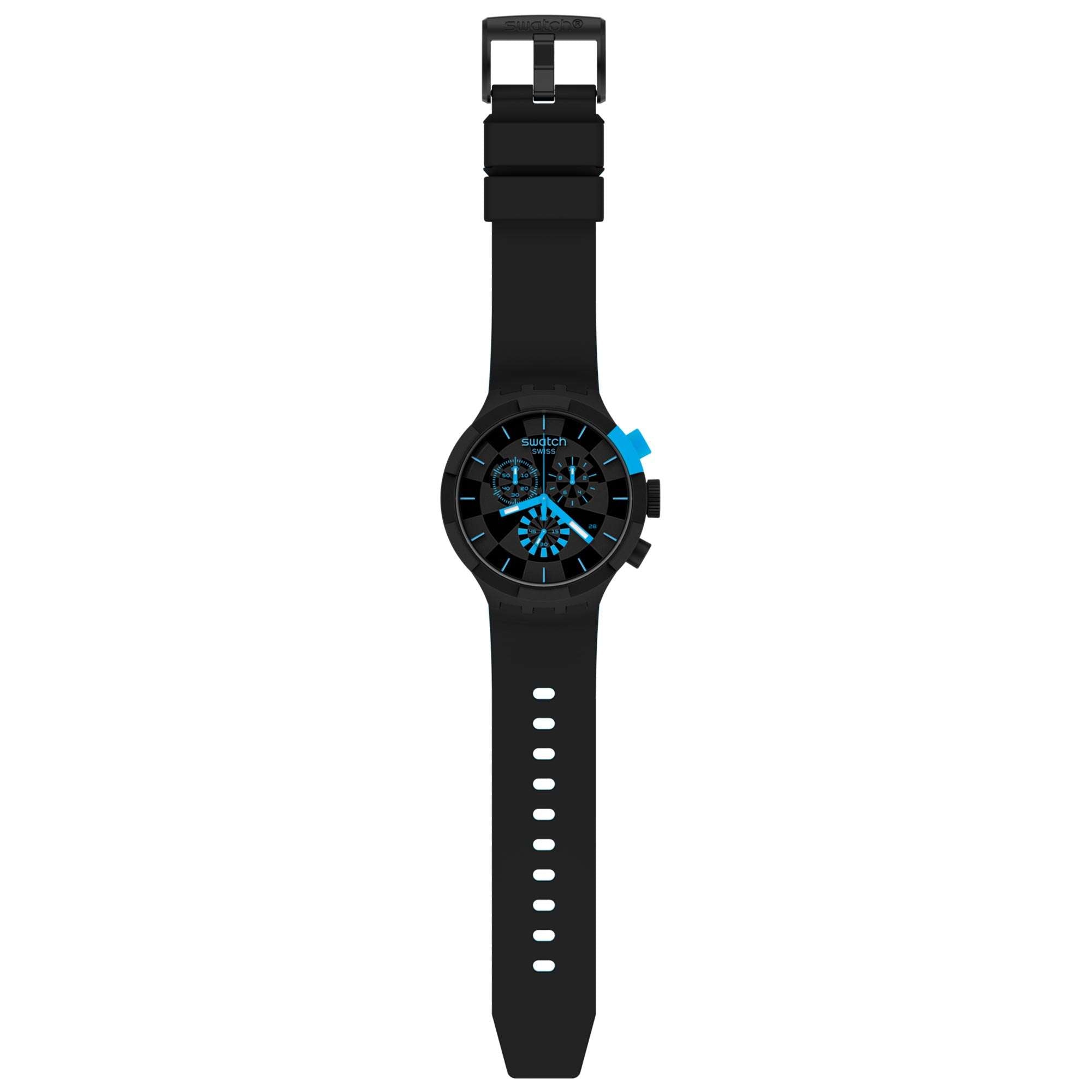 Swatch Big Bold Chrono Checkpoint Blue Quartz Movement Black Dial Silicone Strap Watch SB02B401