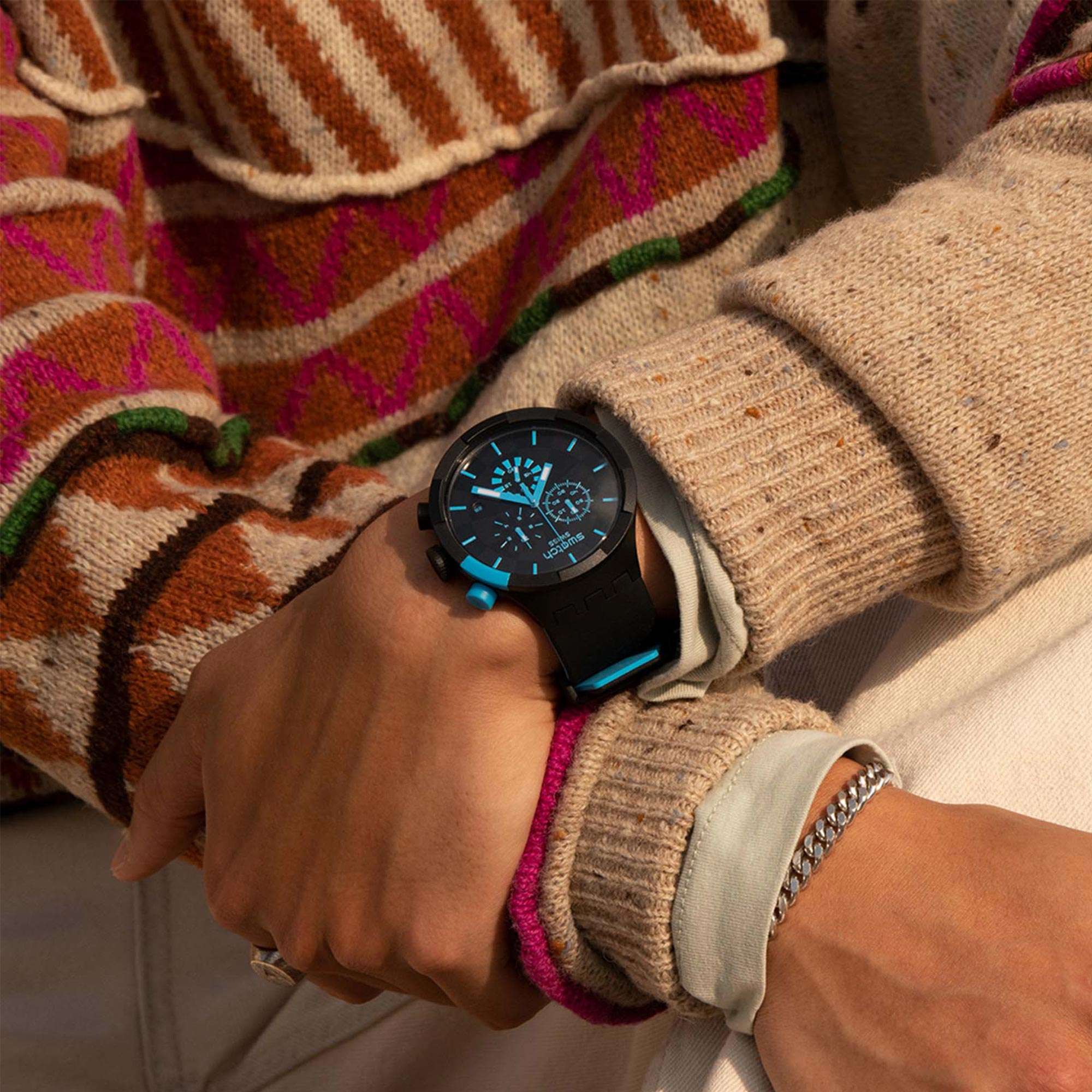Swatch Big Bold Chrono Checkpoint Blue Quartz Movement Black Dial Silicone Strap Watch SB02B401