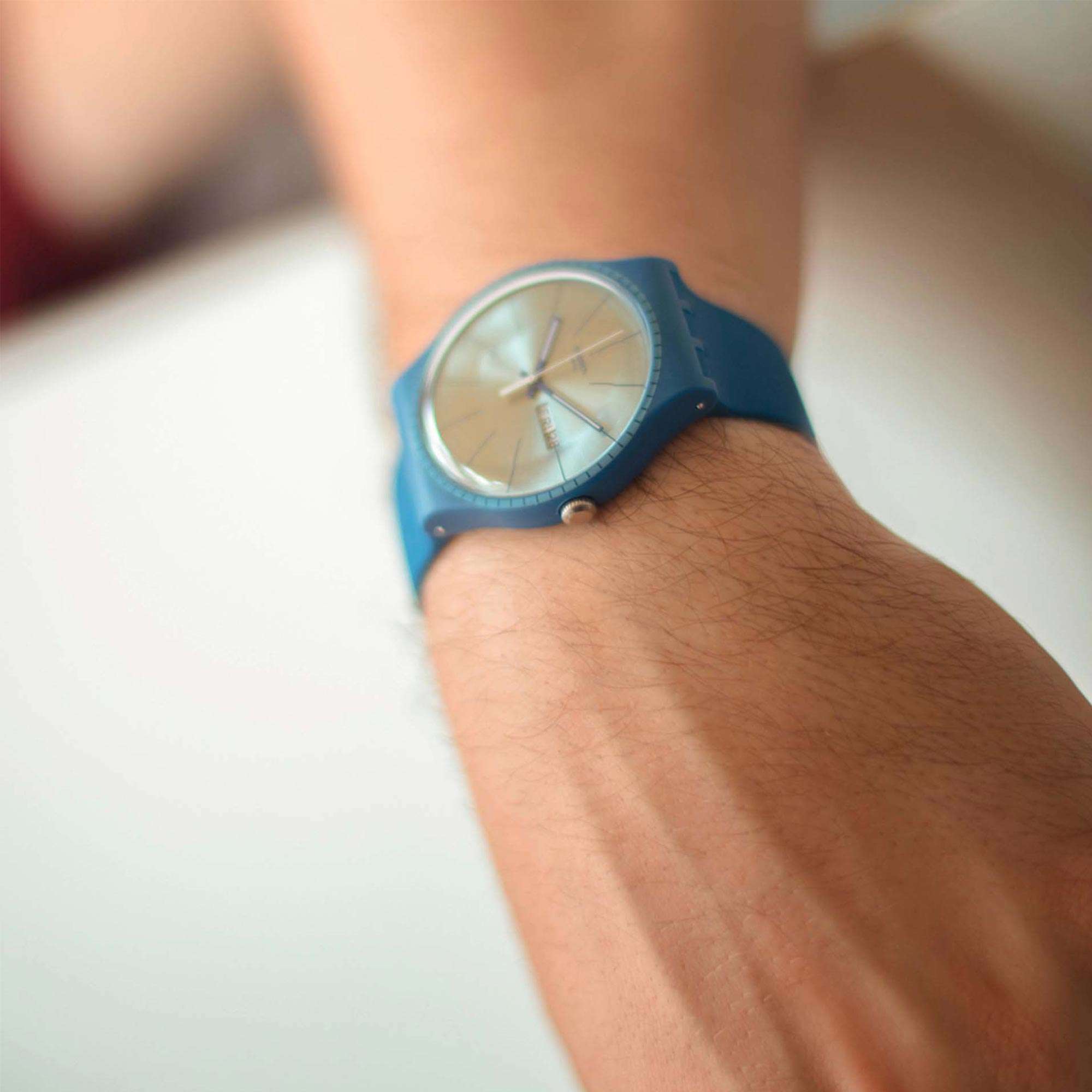 Swatch Essentials Blue Rails Quartz Movement Silver Dial Silicone Bracelet Men's Watch SUON714