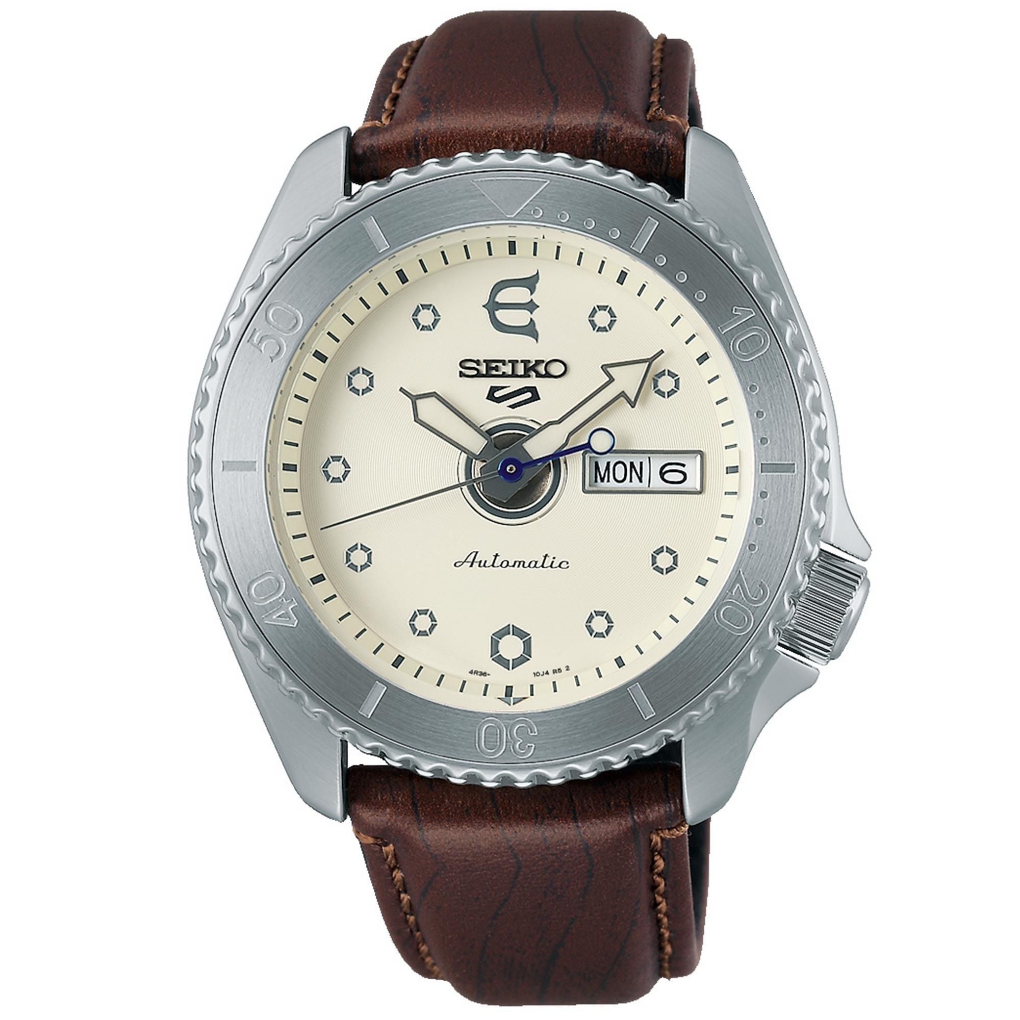 Seiko 5 Sports Evisen Skateboard Limited Edition Automatic Cream Dial Leather Strap Men's Watch SRPF93K1
