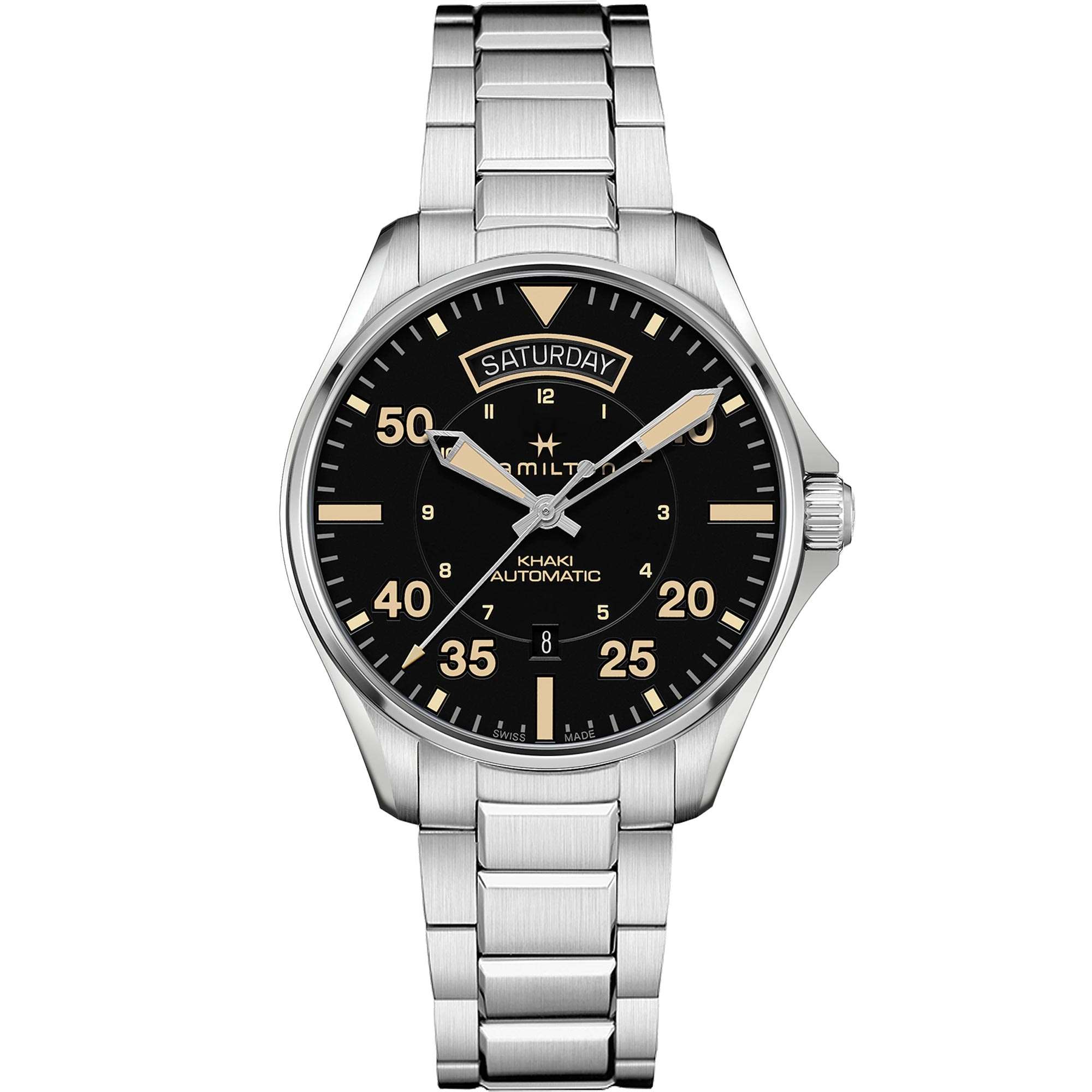 Hamilton Khaki Aviation Day Date Automatic Black Dial Stainless Steel Bracelet Men's Watch H64645131