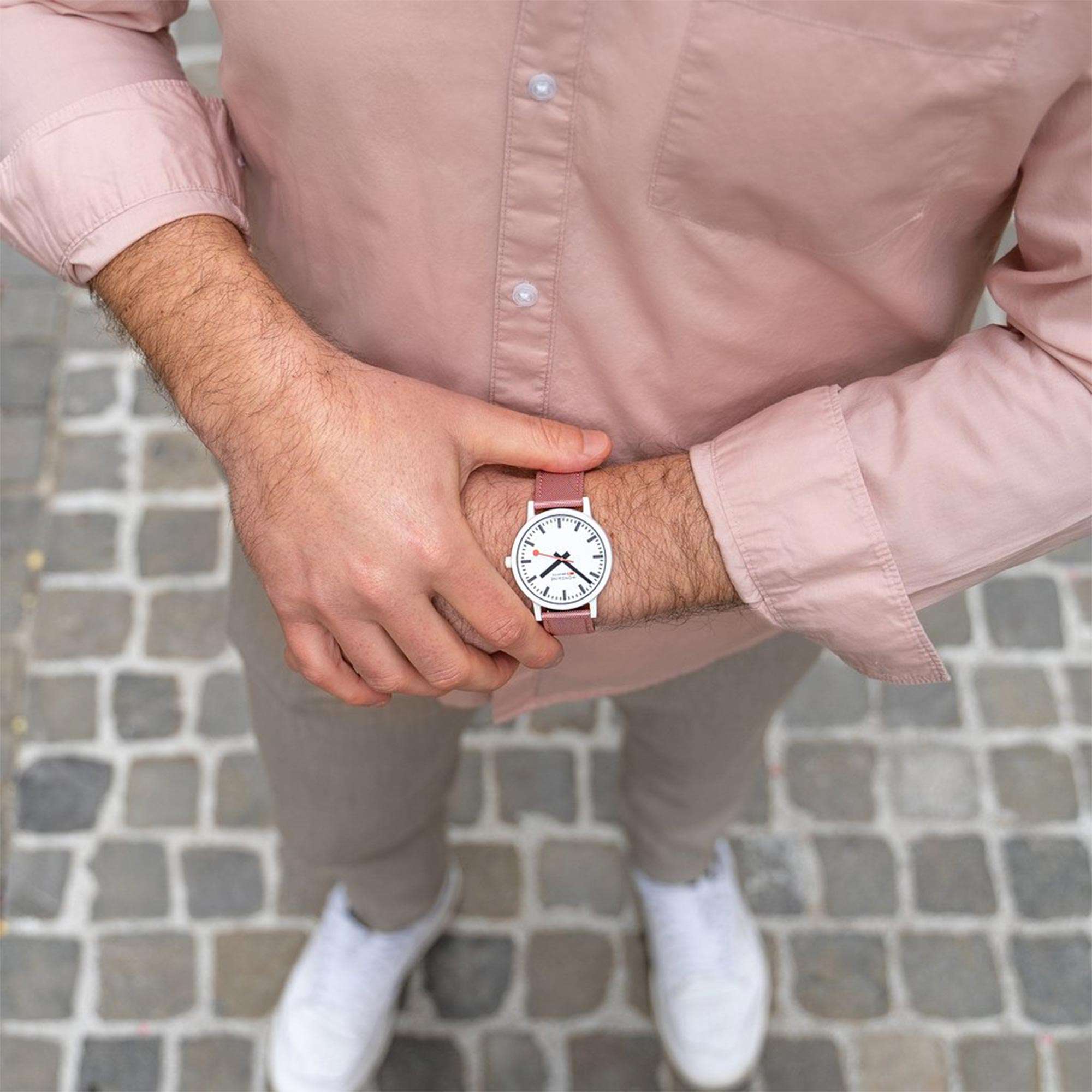 Mondaine Essence Sustainable Quartz White Dial Pink Textile Strap Unisex Watch MS1.41111.LP