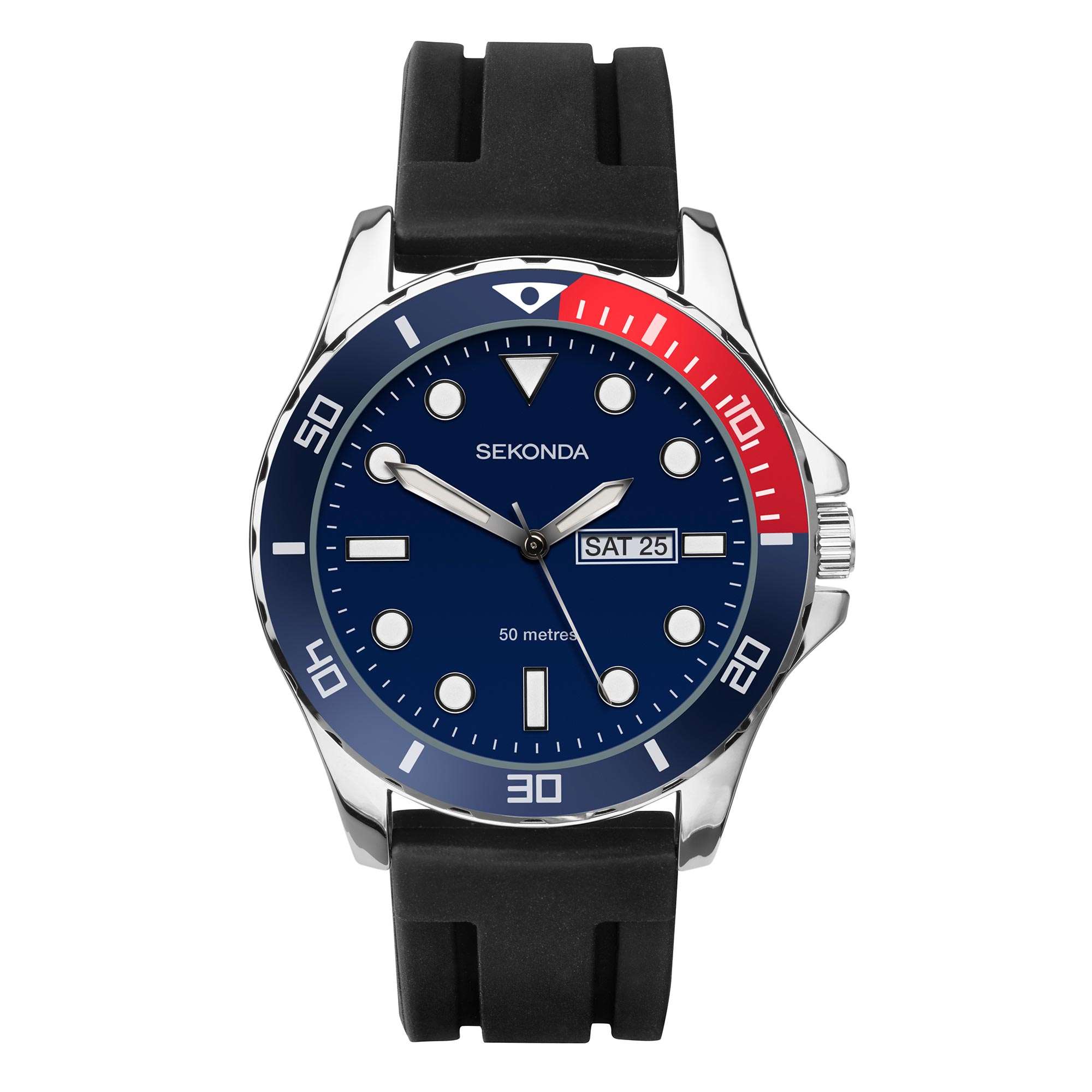 Sekonda gents watch. Silver colour case with blue and red bezel. Blue dial with batons. Day/date. Black rubber strap. Water resistant to 50 metres. 2 year guarantee.