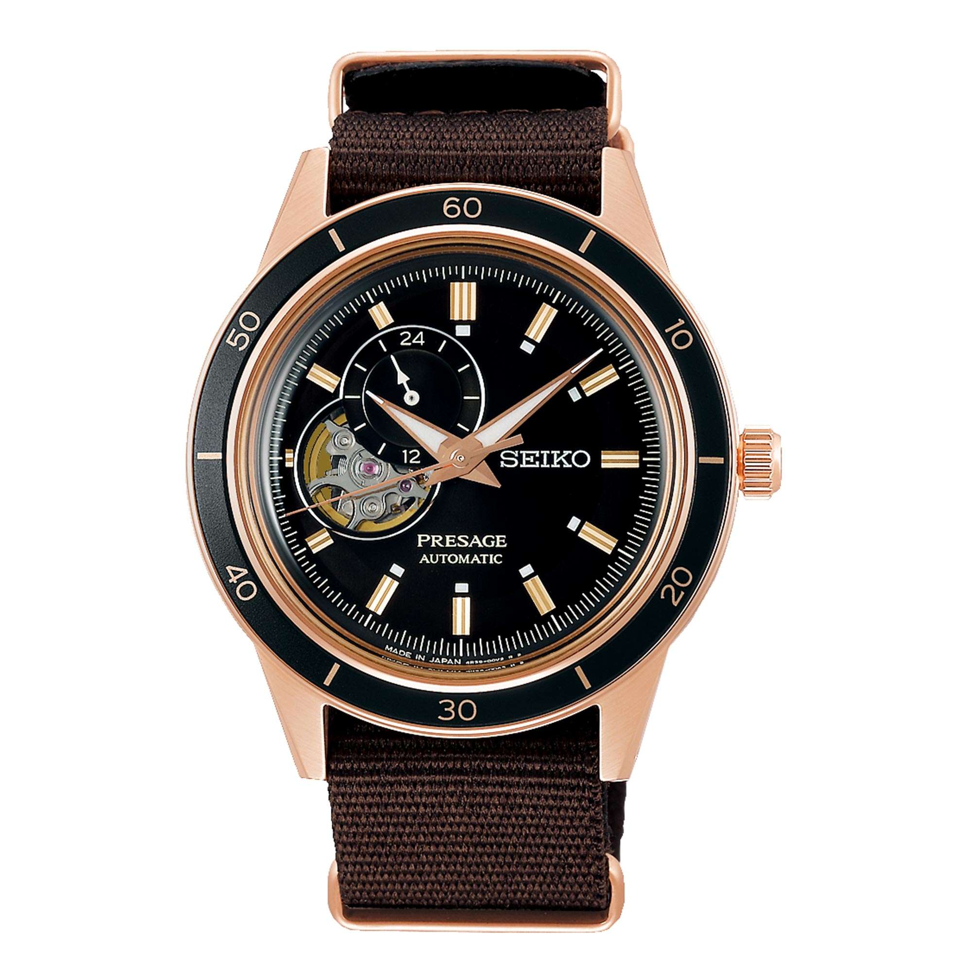 Seiko Presage Style 60's Automatic Black Open Heart Dial Brown NATO Strap Men's Watch SSA426J1