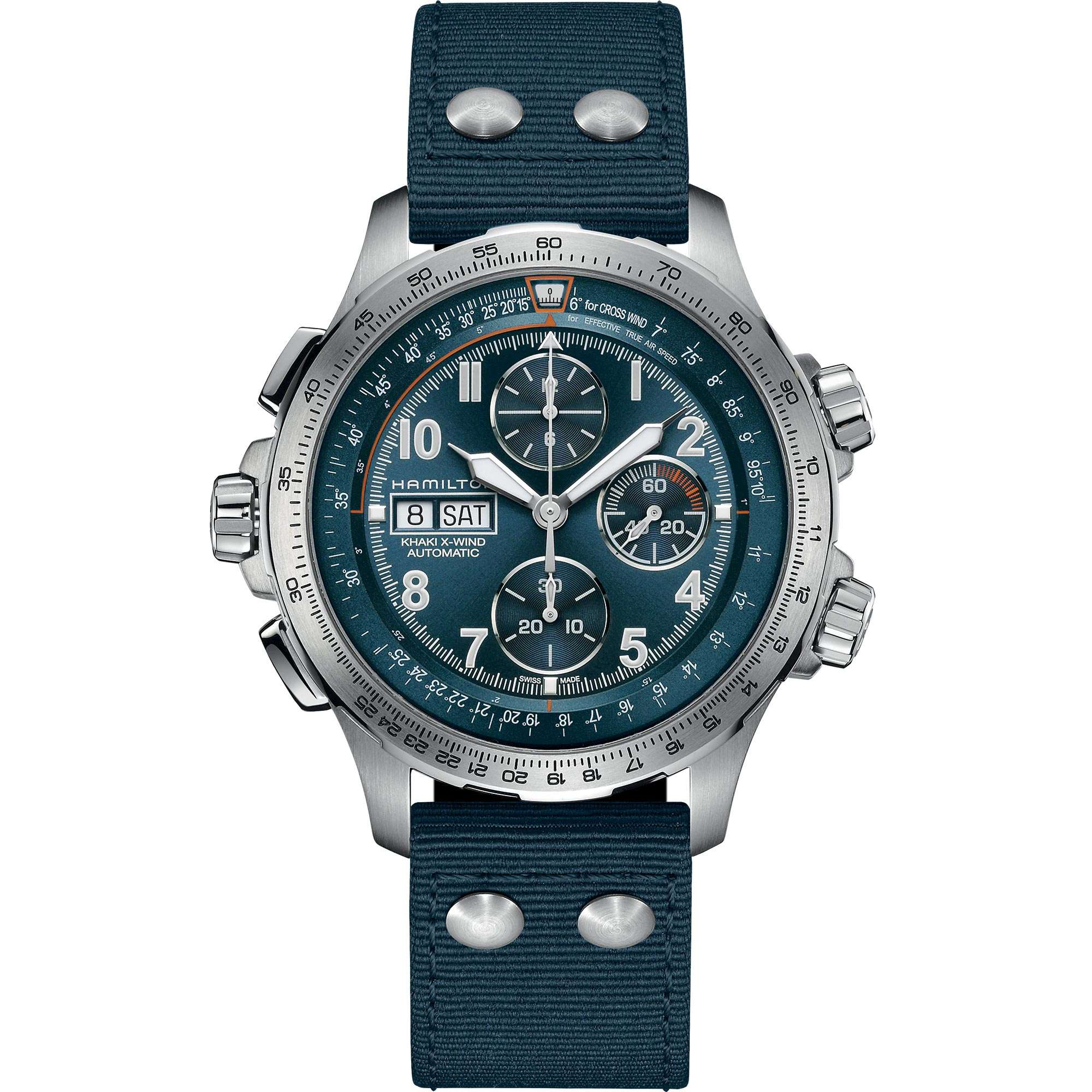 Hamilton Khaki Aviation X-Wind Automatic Chrongraph Blue Dial Blue Canvas Strap Men's Watch H77906940