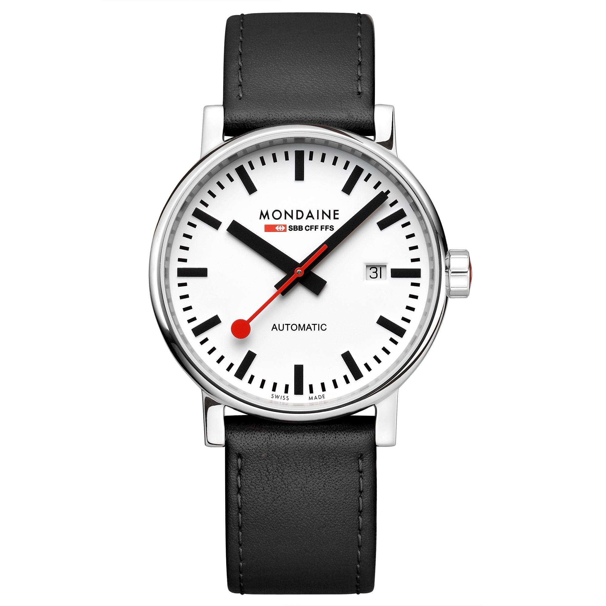 Mondaine Evo2 Automatic White Dial Black Leather Strap Watch MSE.40610.LB