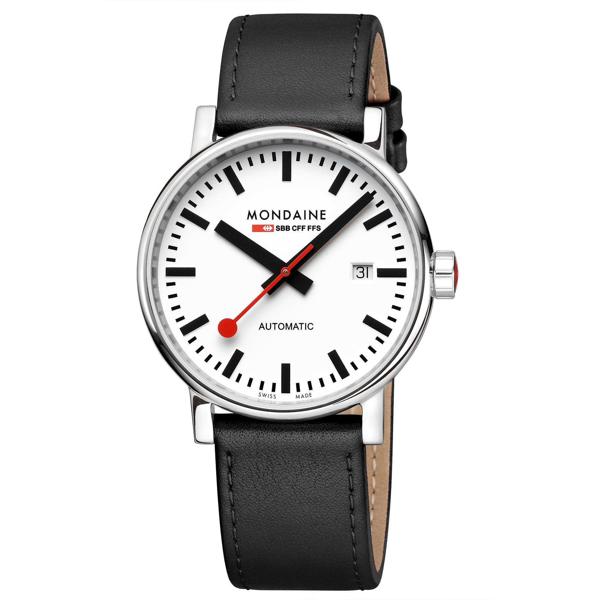 Mondaine Evo2 Automatic White Dial Black Leather Strap Watch MSE.40610.LB