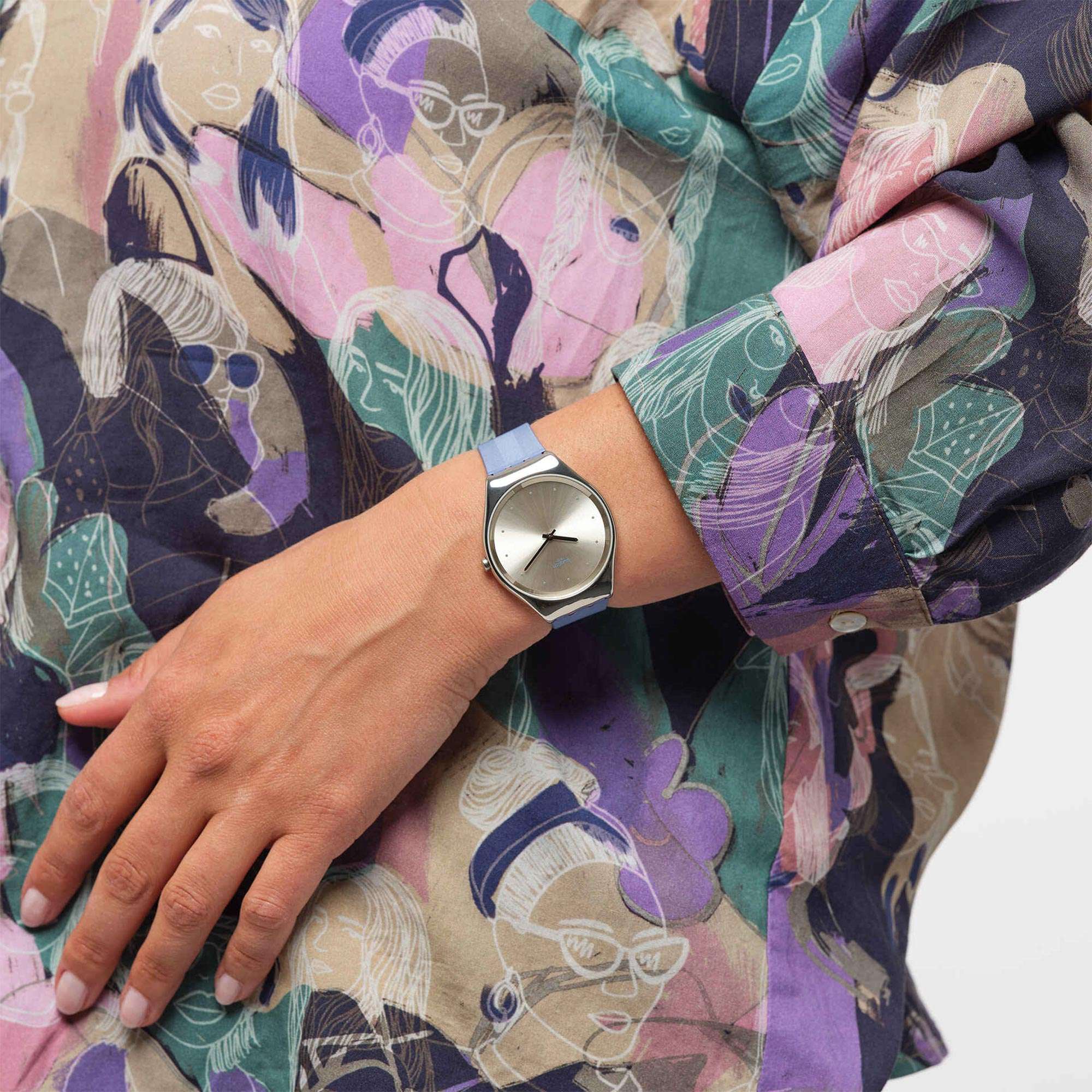 Swatch Skin Irony Blue Moire Quartz Silver Dial Blue Silicone Strap Ladies Watch SYXS134