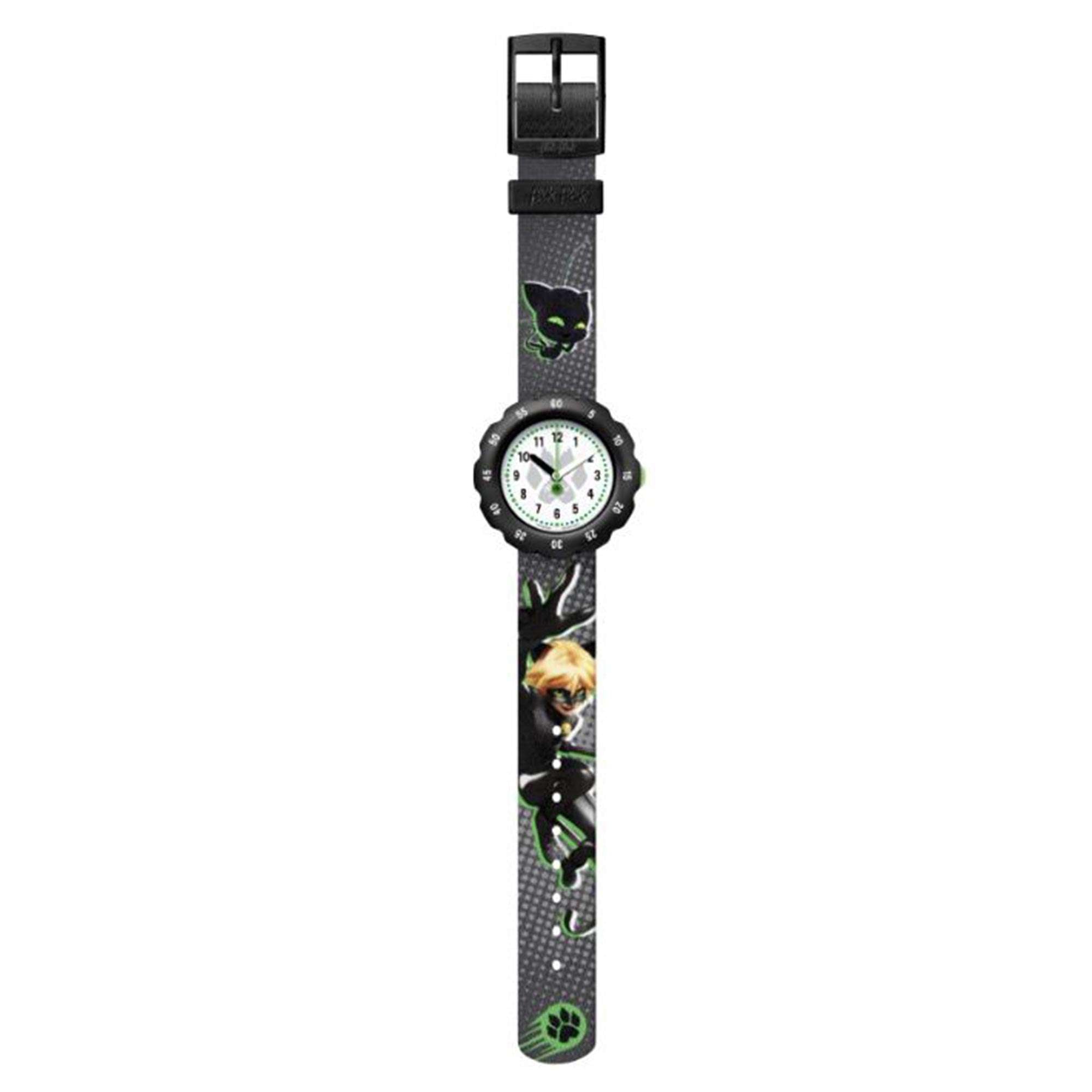 Flik-Flak Cat Noir Quartz White Dial Black Plastic Strap Childrens Watch FPSP058