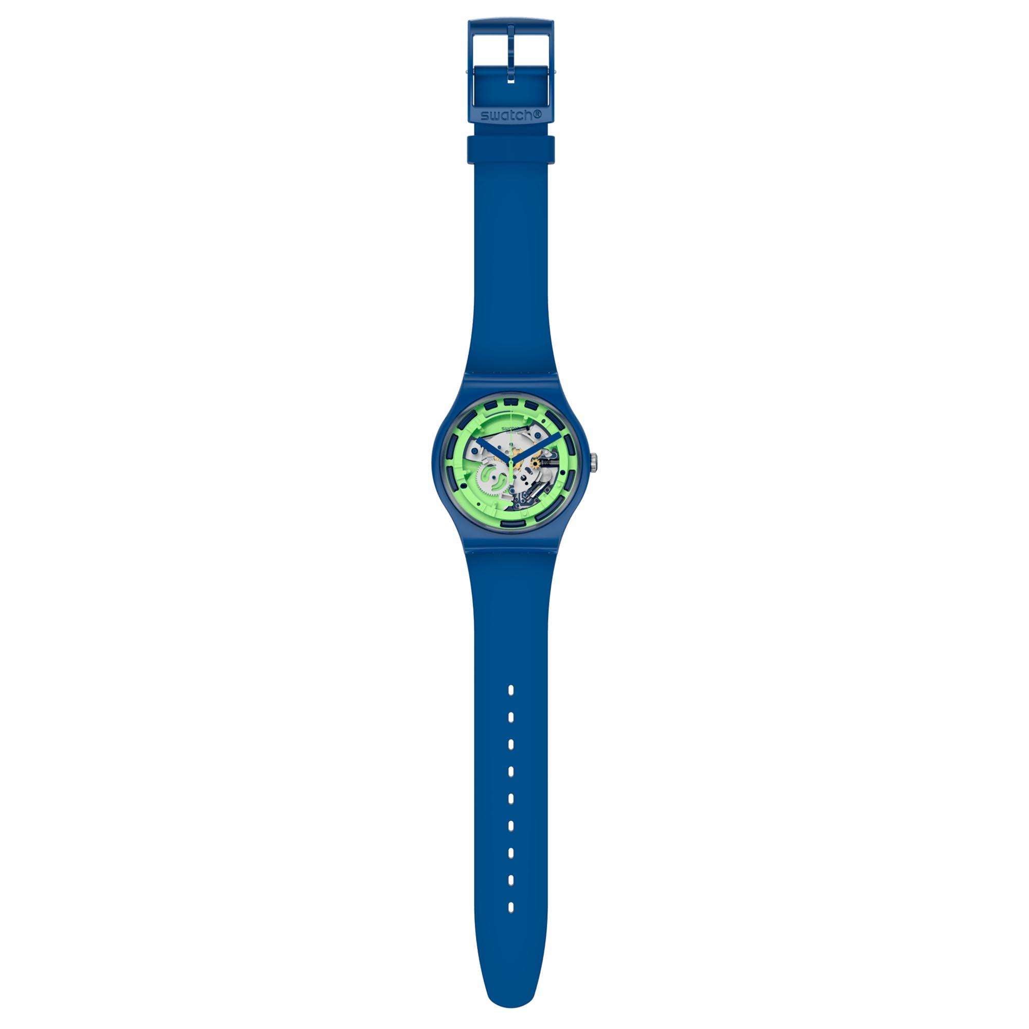 Swatch Blue Anatomy Quartz Transparent Dial Green Silicone Strap Watch SUON147