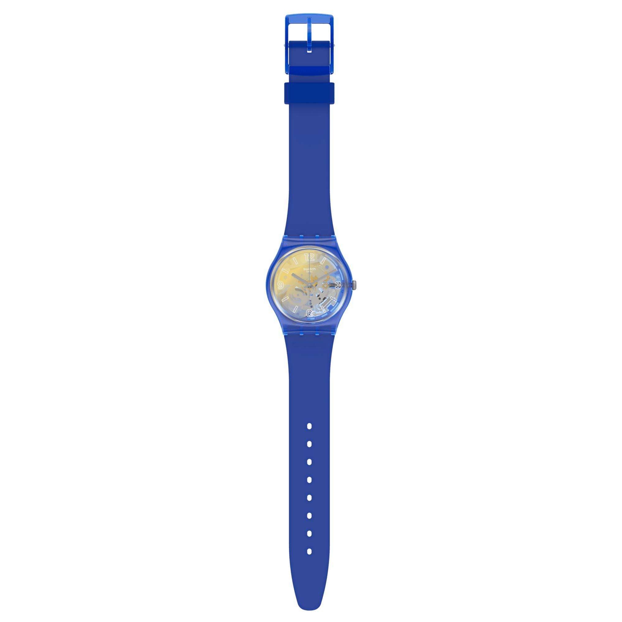 Swatch Yellow Disco Fever Quartz Multi Tonal Dial Blue Silicone Strap Watch GE278