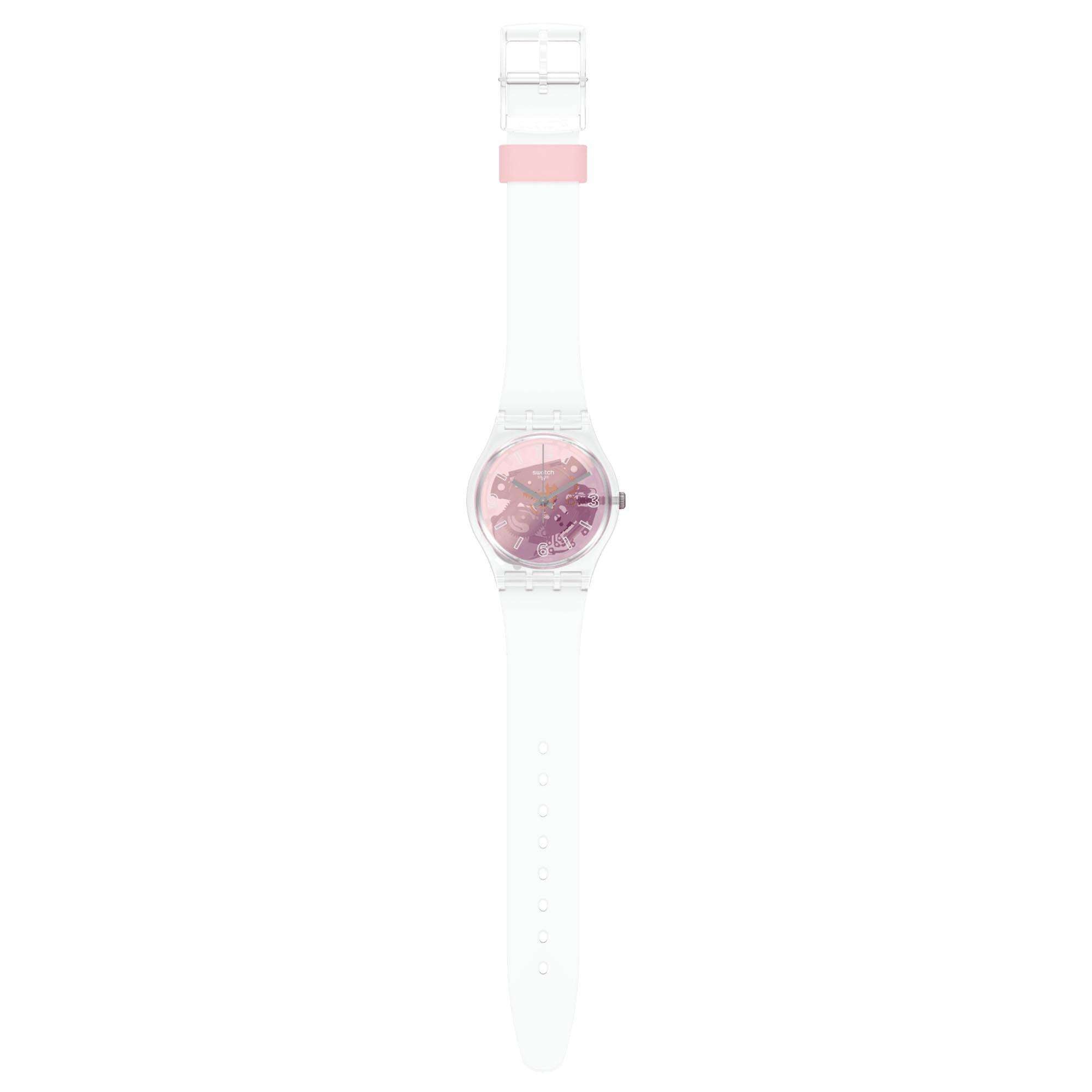 Swatch Pink Disco Fever Quartz Pink Dial White Silicone Strap Watch GE290